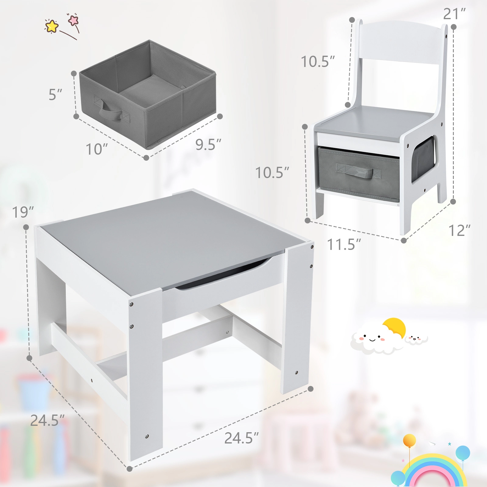SUGIFT White Storage Boxes and Reversible Chalkboard Whiteboard Top 3-Piece Kids Table and Chair Set