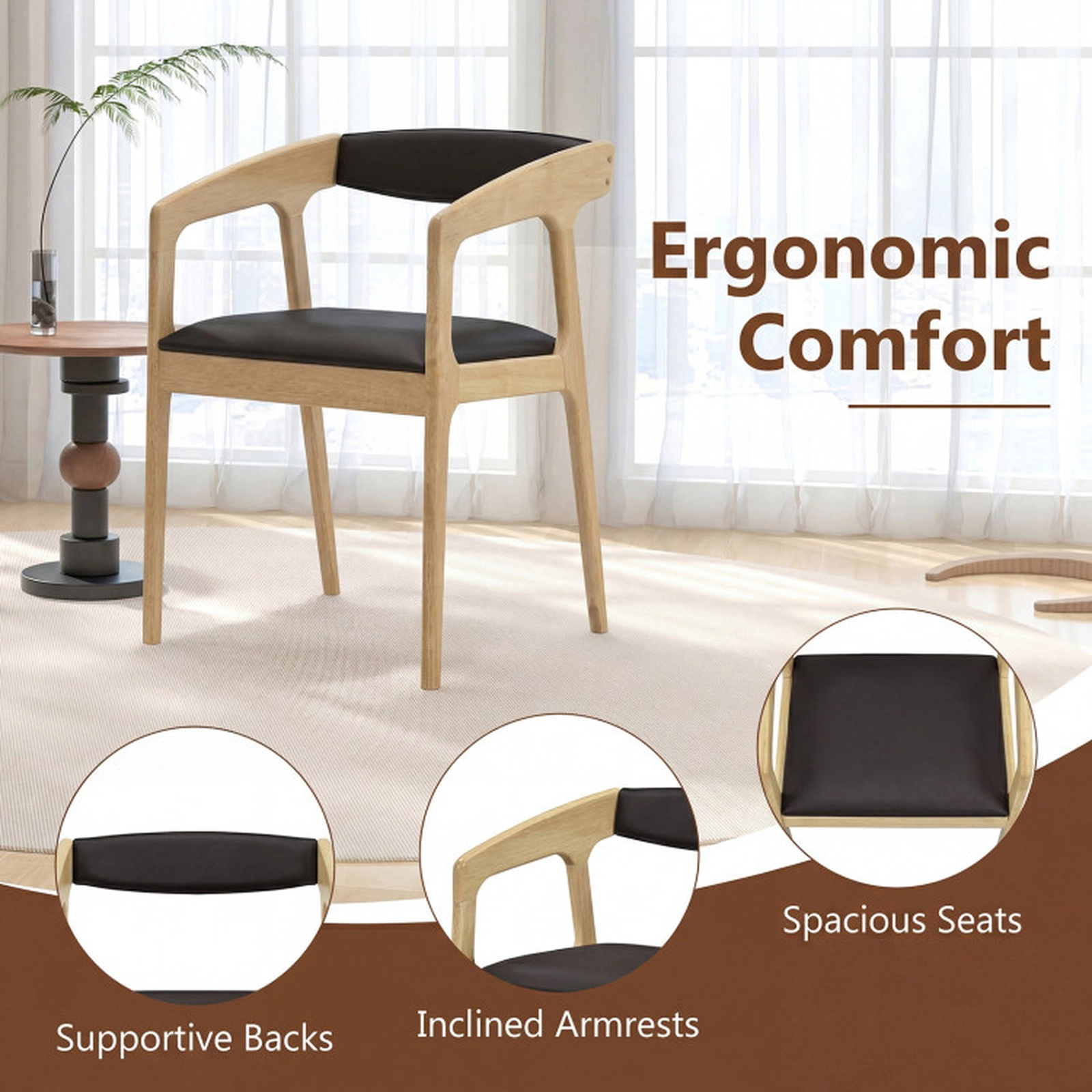 SUGIFT Set of 2 Brown Faux Leather Upholstered Dining Armchairs