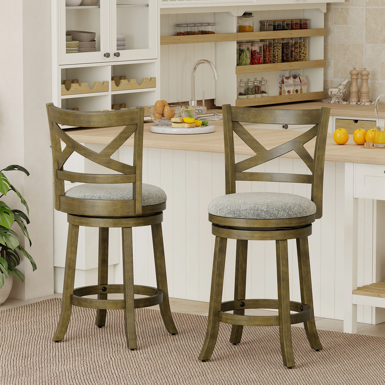 SUGIFT X-Back and Linen Padded Seat Set of 2 Antique Gray 25 in Swivel Bar Stools