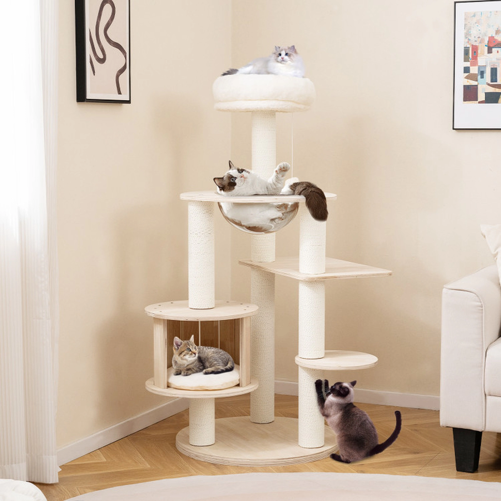 SUGIFT 52 in Wooden Cat Tree Natural with Washable Plush Cushions and Space Capsule