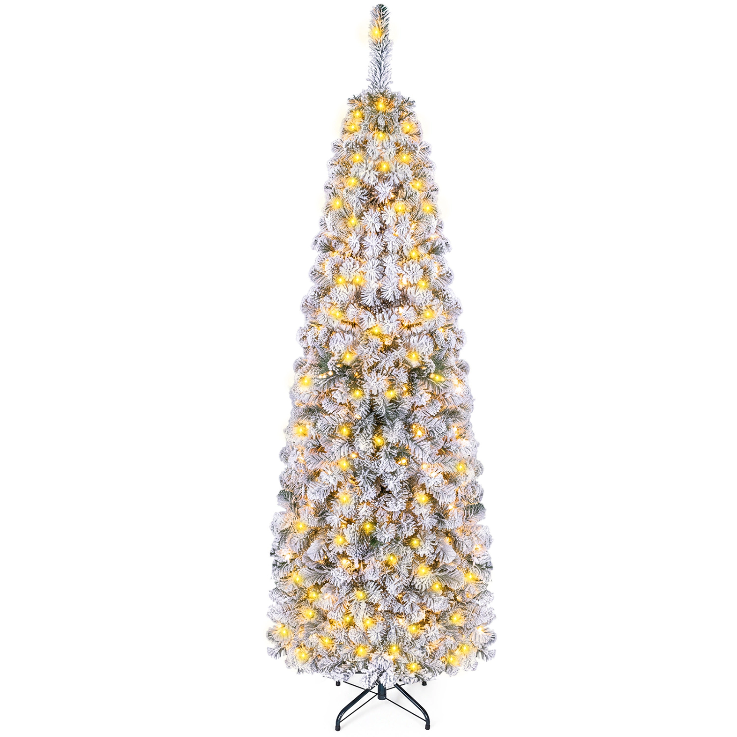 LJG Feet Pre-Lit Snow Flocked Artificial Pencil Christmas Tree with LED Lights