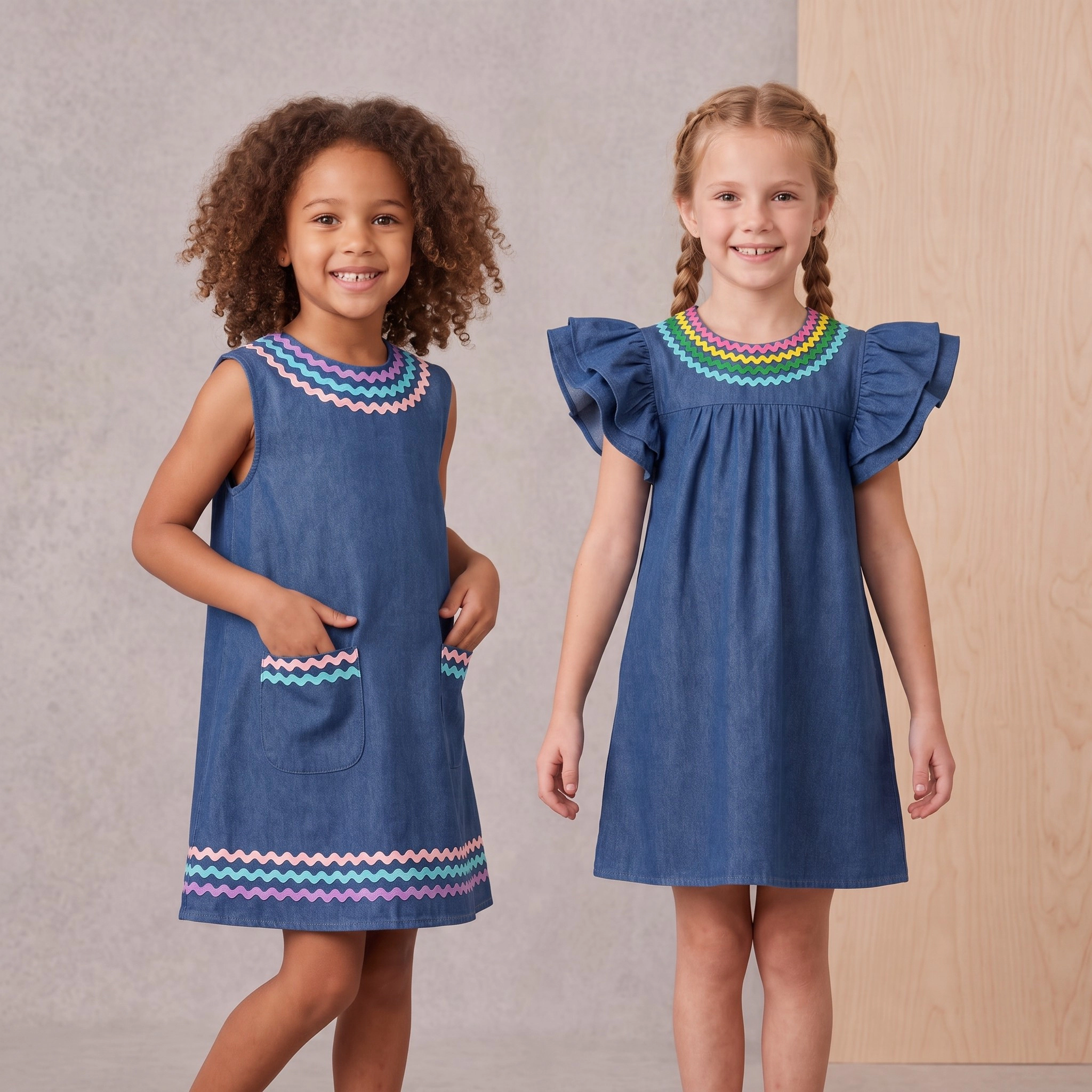 2Bunnies Girls 4T-8Y Pastel Ric Rac Denim Sleeveless Dress with Pockets