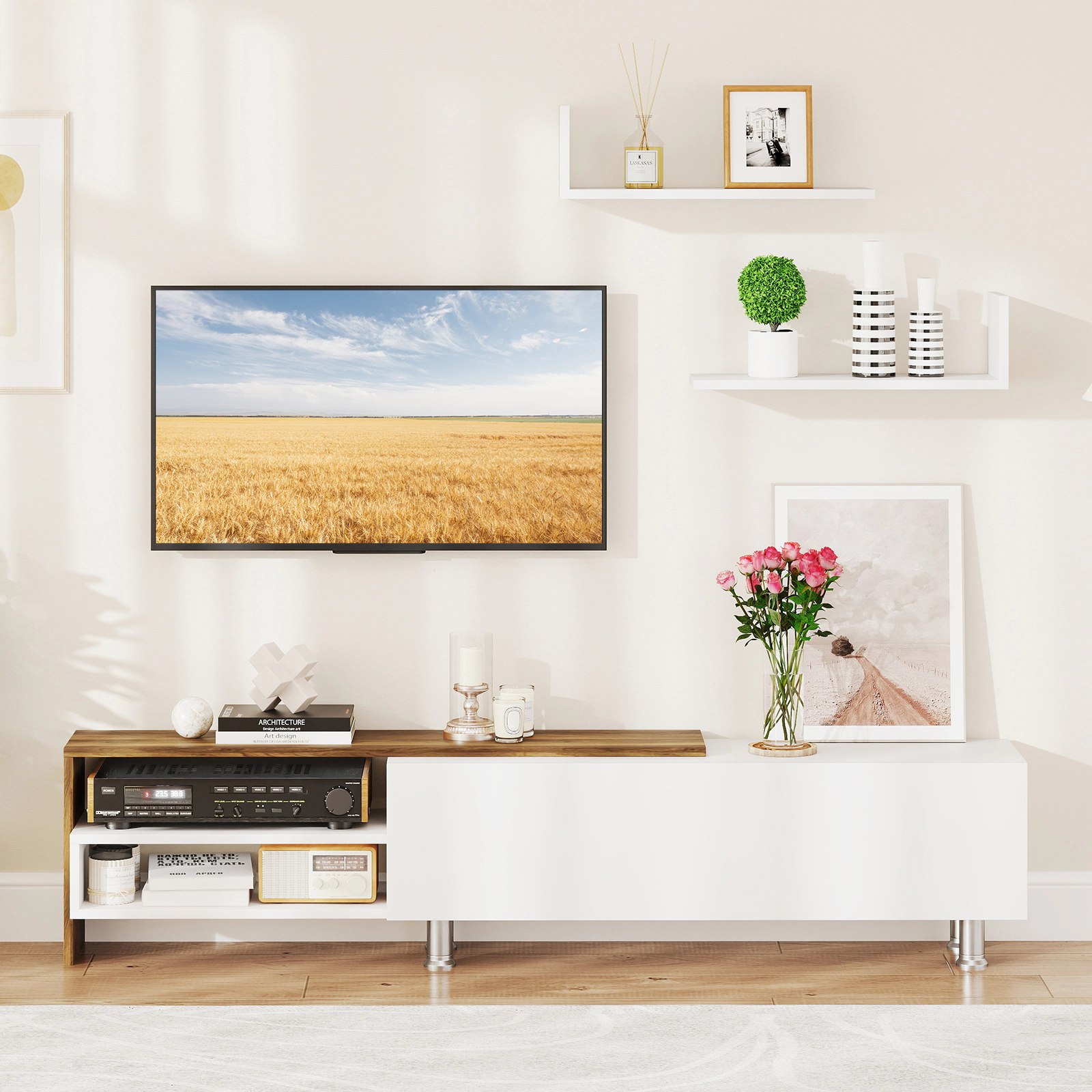 SUGIFT 3-Piece Farmhouse TV Stand with Floating Shelves 77-lb Tabletop Capacity for TVs up to 80 in White & Walnut