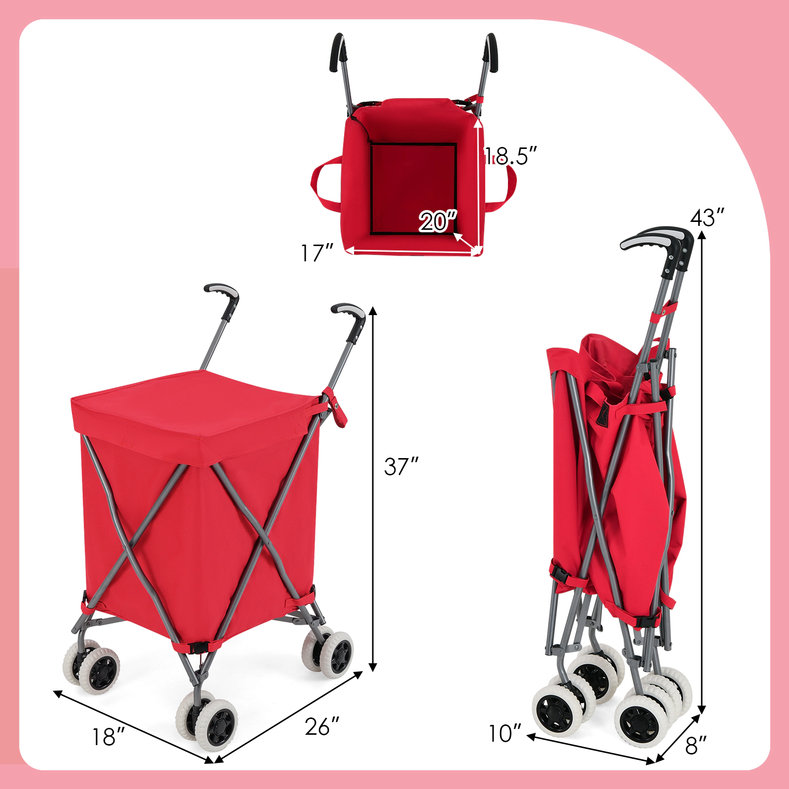 SUGIFT Foldable 24-Gallon Shopping Utility Cart with Water-Resistant Removable Canvas Bag 120-lb Capacity Red