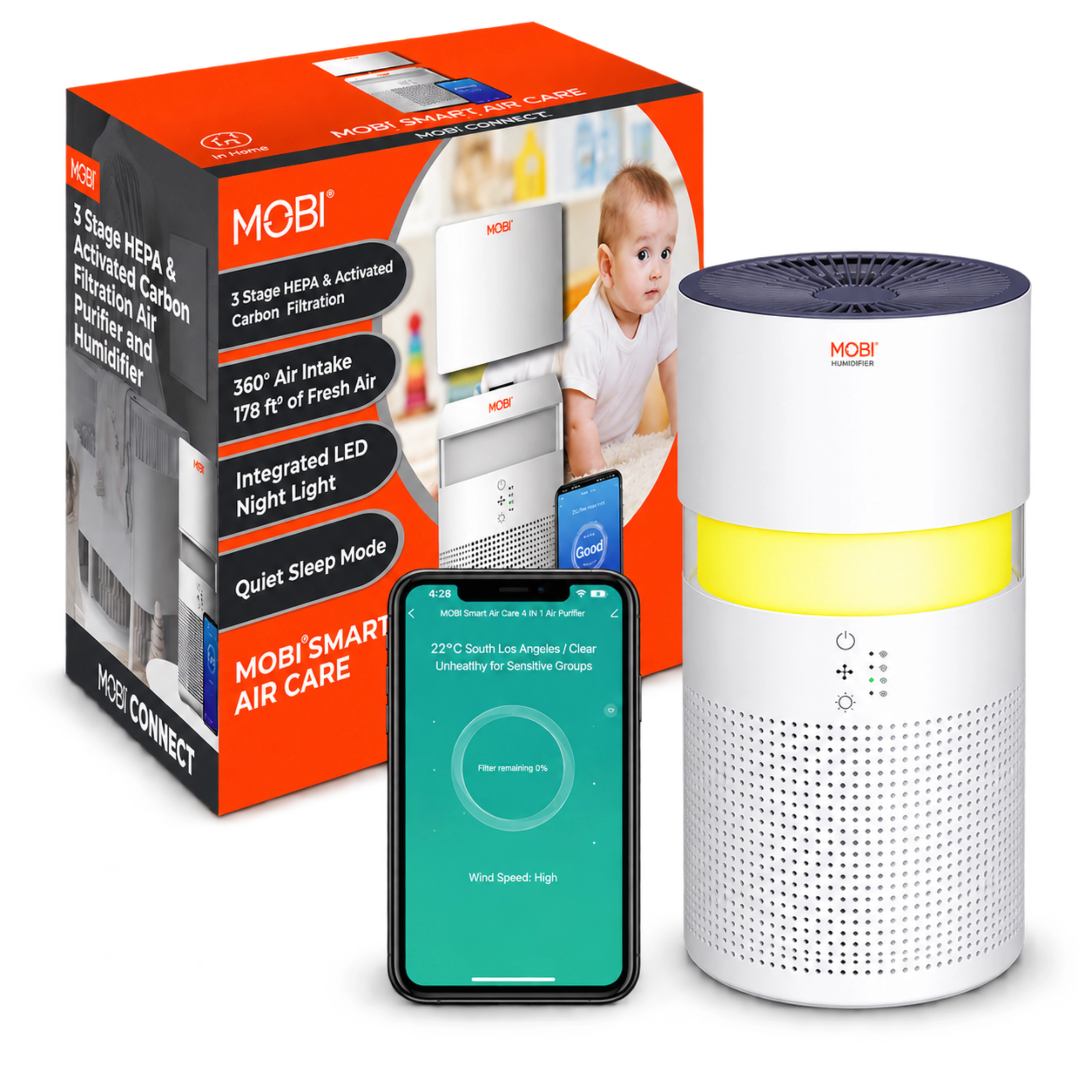 MOBI Smart 4-in-1 Air Purifier & Humidifier with HEPA, Aromatherapy & Nightlight