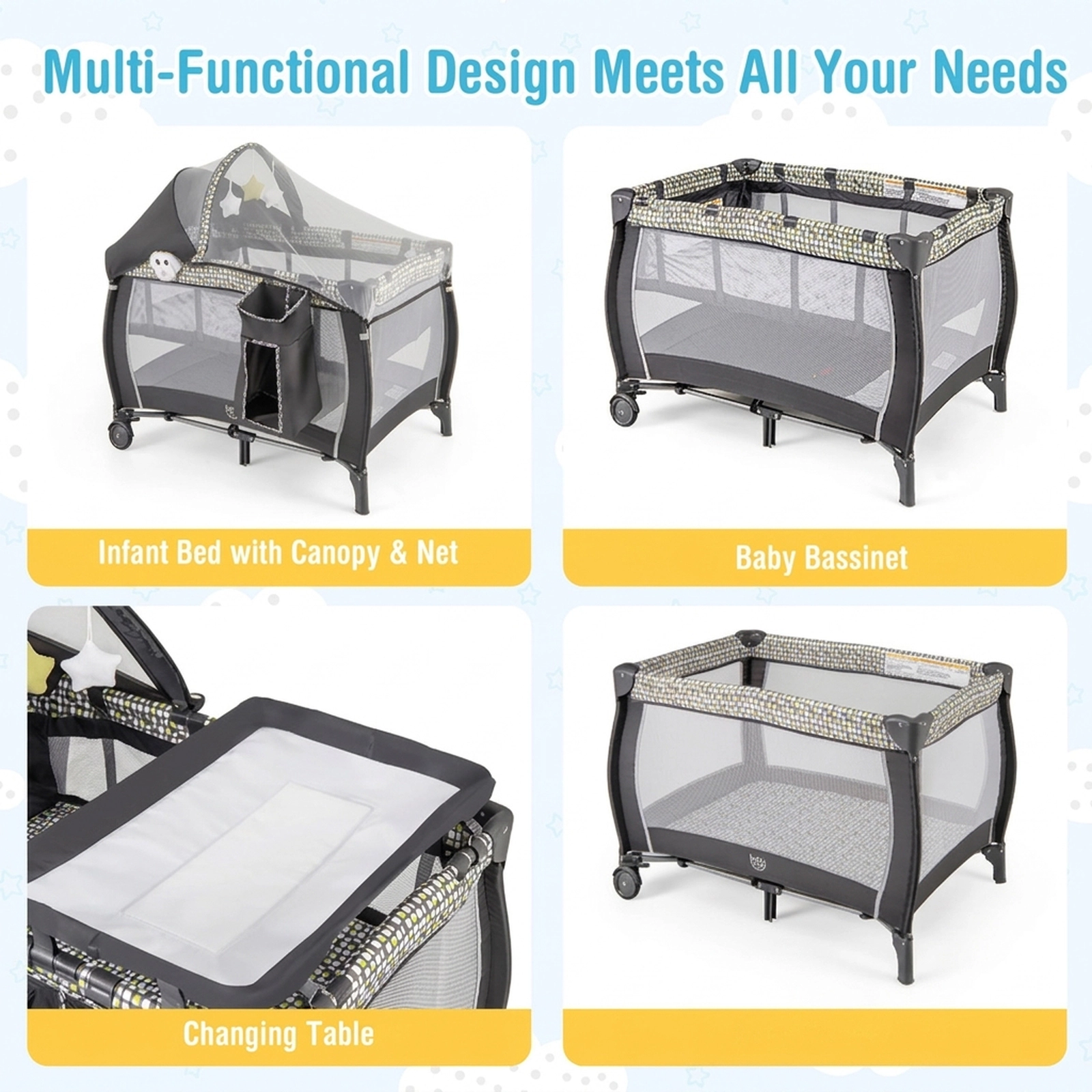 SUGIFT 4-in-1 Portable Baby Nursery Center Travel Crib and Playard 33-lb Capacity Ages 0-3 Years Gray