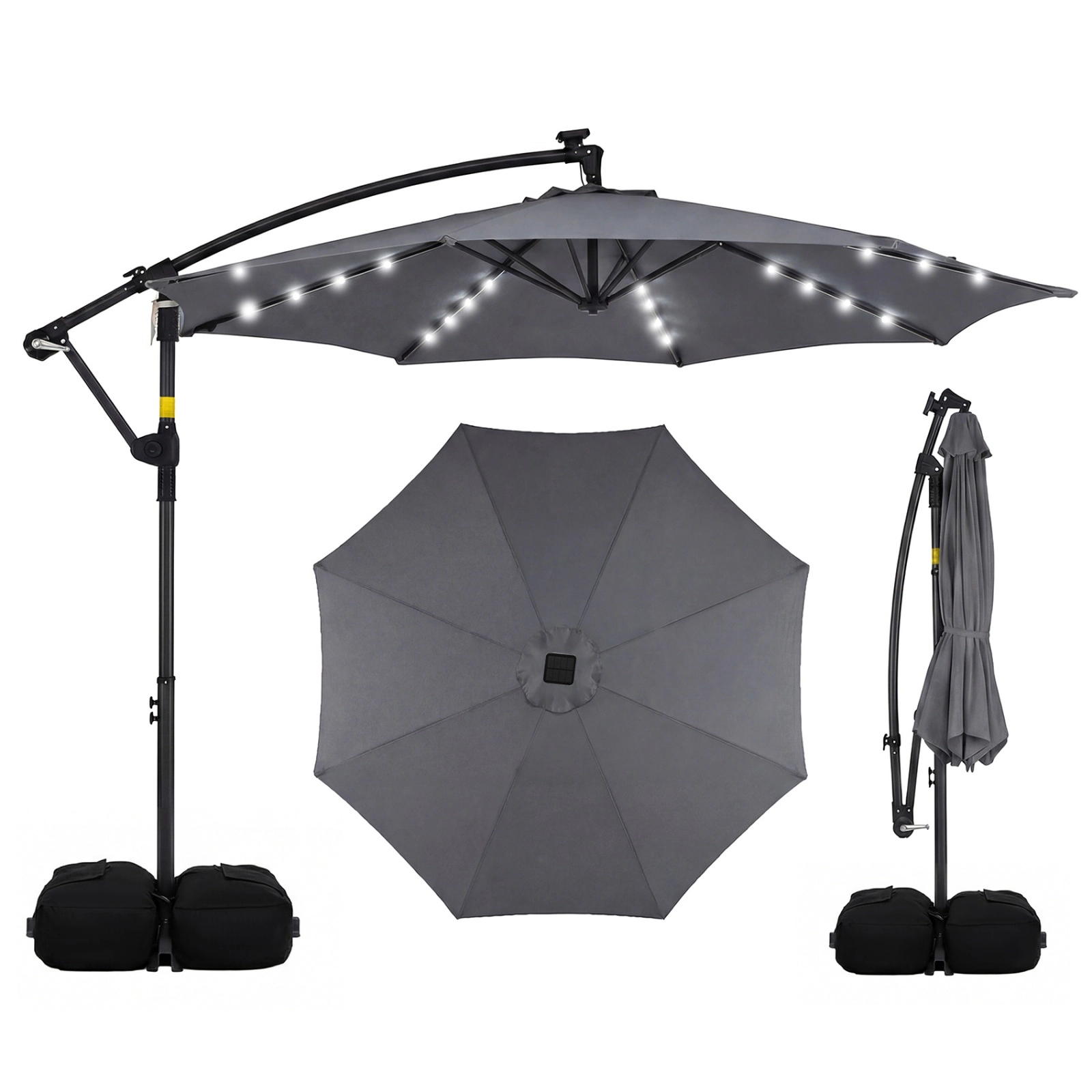 SUGIFT 10-ft Brown Solar LED Offset Cantilever Patio Umbrella with Weighted Cross Base 116-lb Capacity