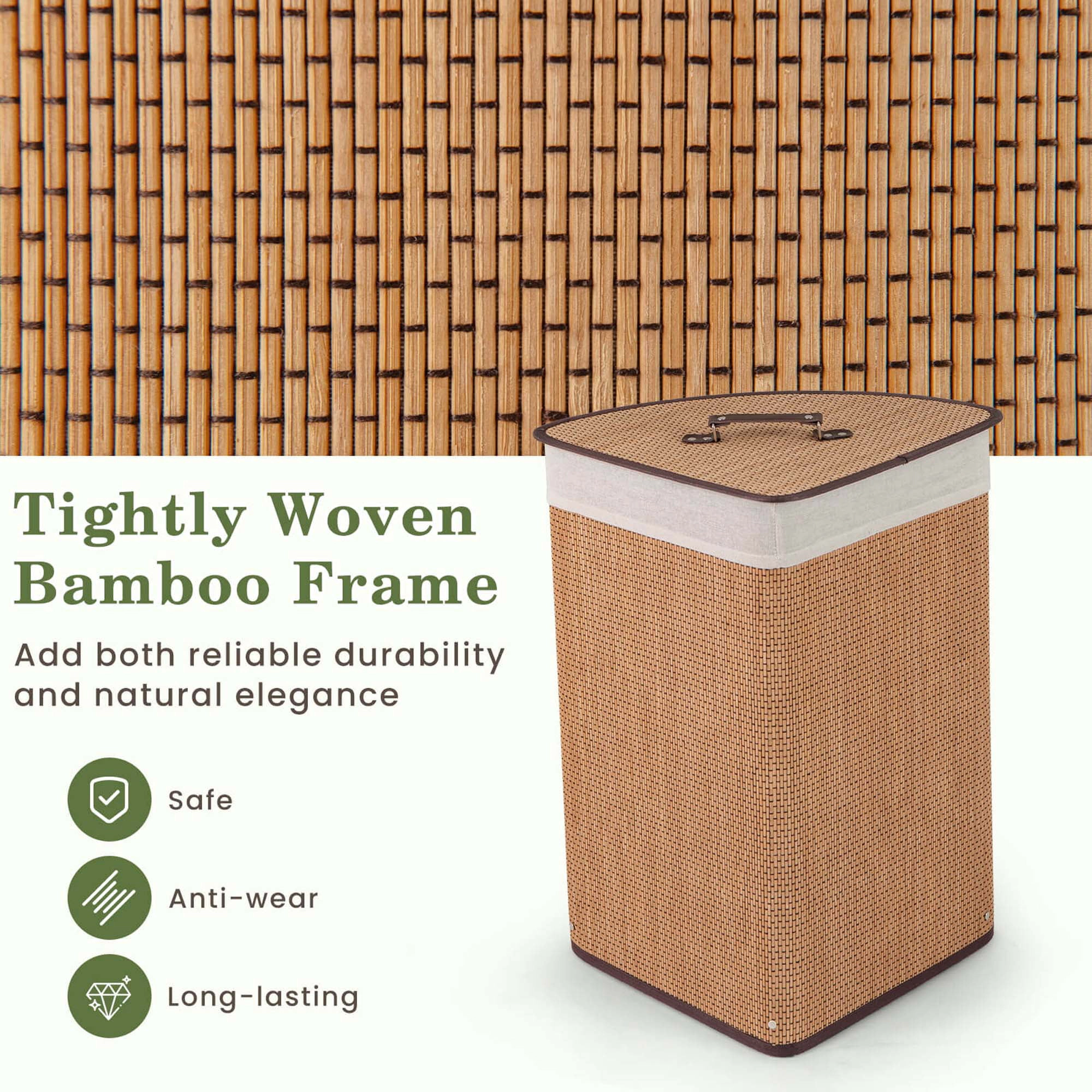 Glintex Bamboo Laundry Basket with Lid Metal Frame and Removable Liner Bag, Natural