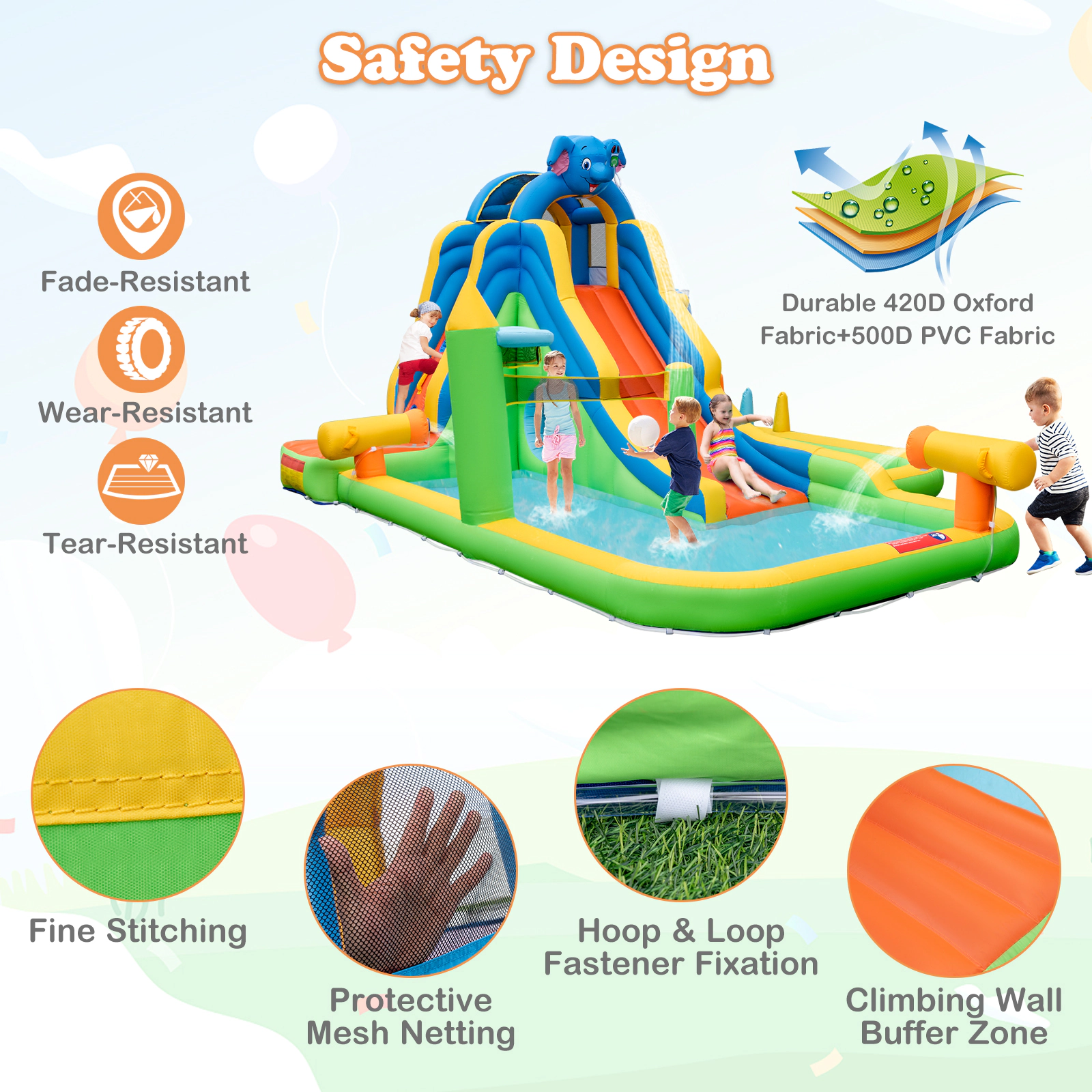 SUGIFT Inflatable Water Slide with 140-in Splash Pool Ball Pit Climbing Wall and Volleyball Area