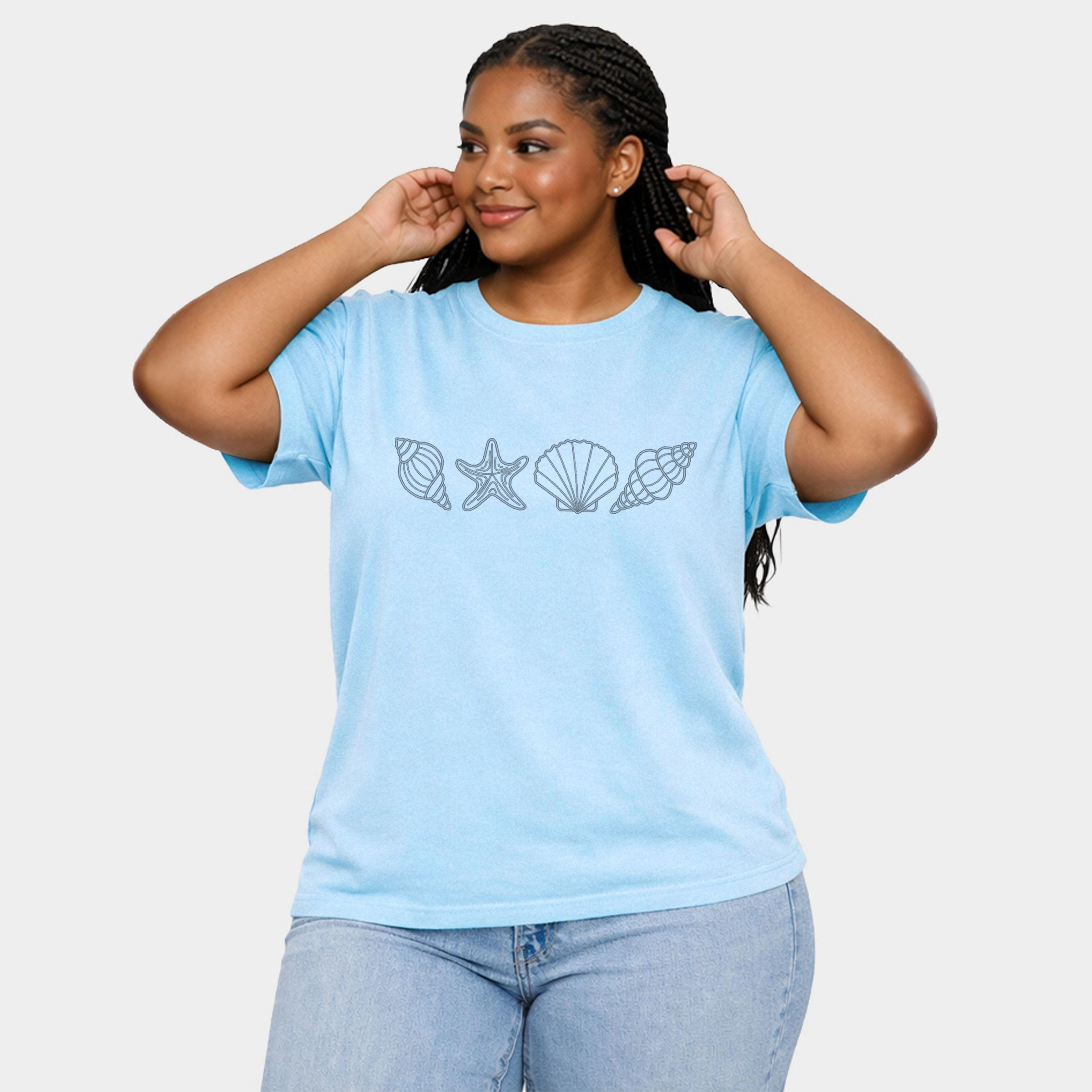 Simply Sage Market - Embroidered Seashells Women's Plus Sized Garment Dyed Graphic T-Shirt