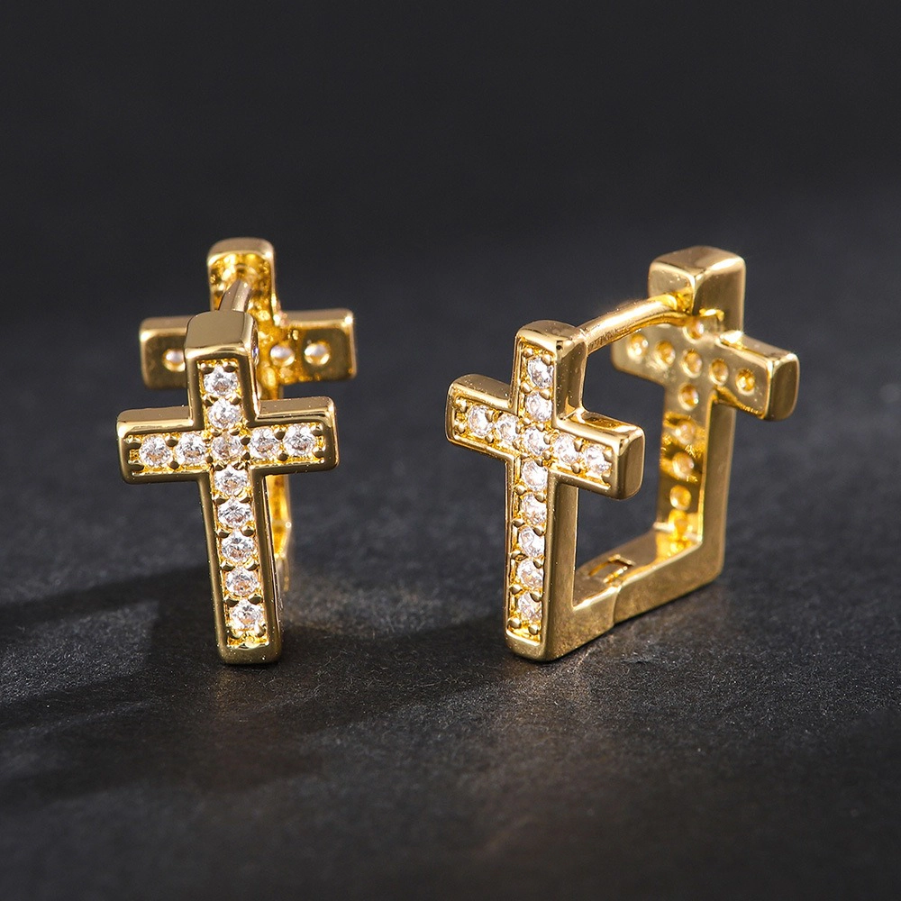 Plated Paved Cubic Zirconia Cross Huggie Hoop Earrings