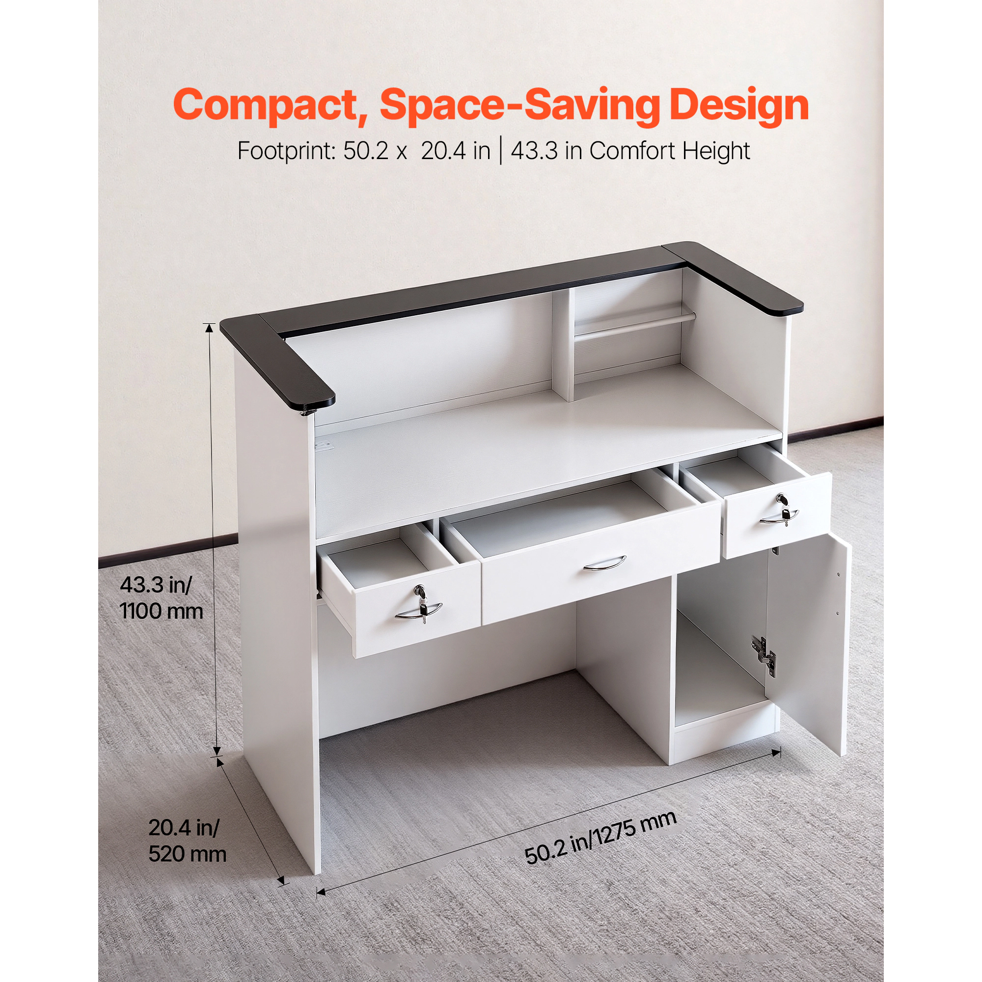 HONGGE Reception Desk, Rectangular Front Counter Table, Modern Office Desk with Light, Drawers