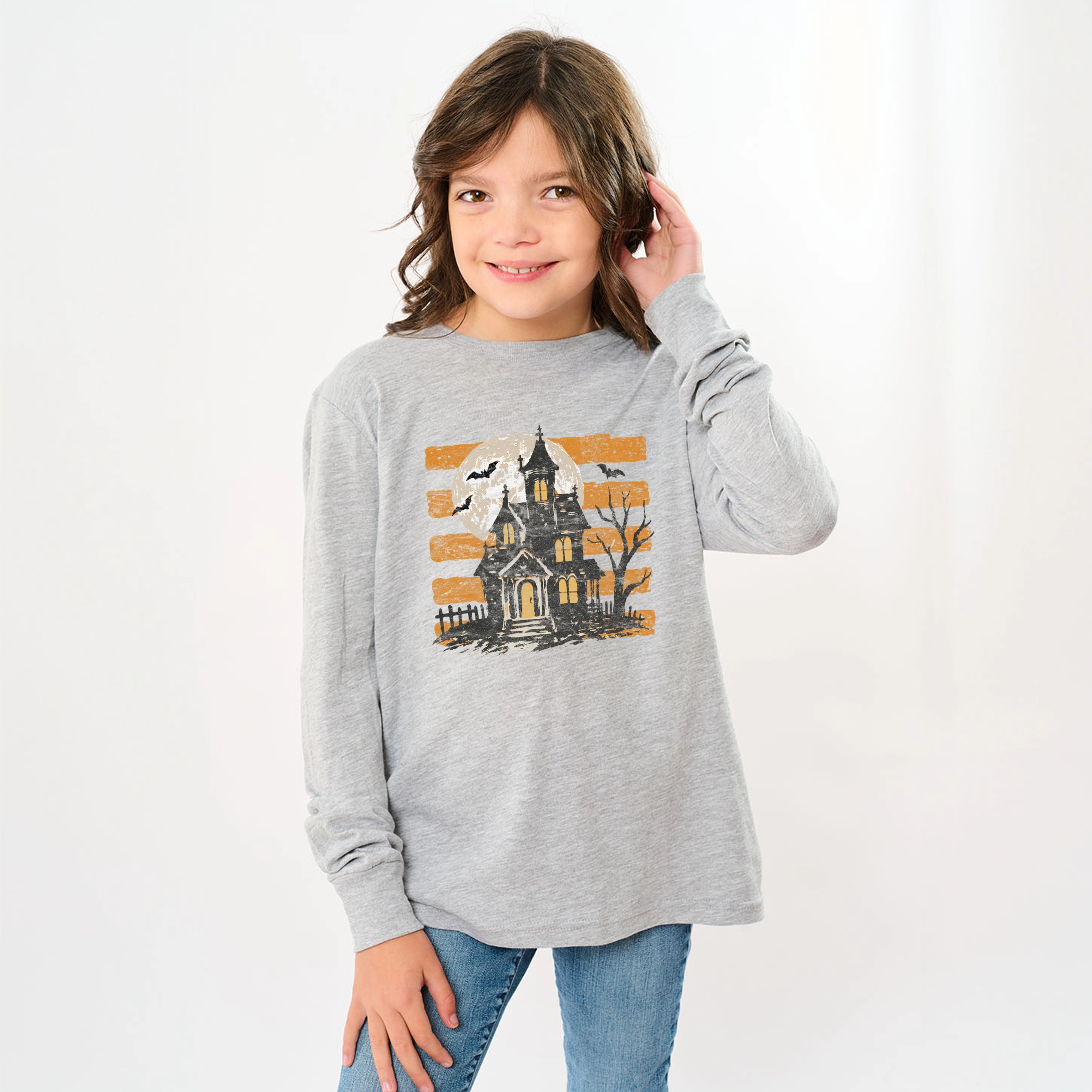 The Juniper Shop - Youth Long Sleeve Graphic T-Shirt Haunted House Orange Stripes