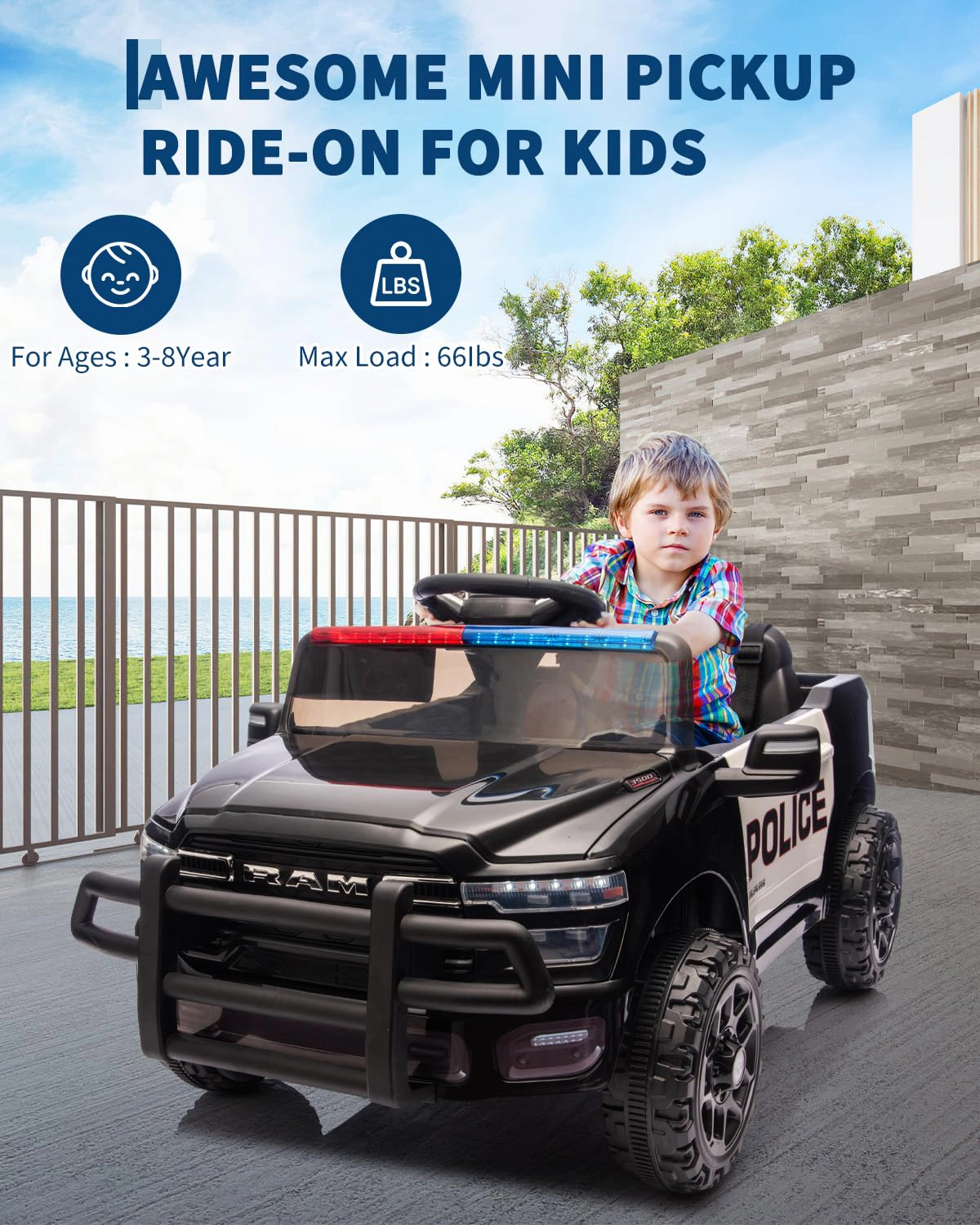 Licensed RAM 12V Kids Ride On Truck with Remote Control, Electric Pickup Car LED Lights and Music