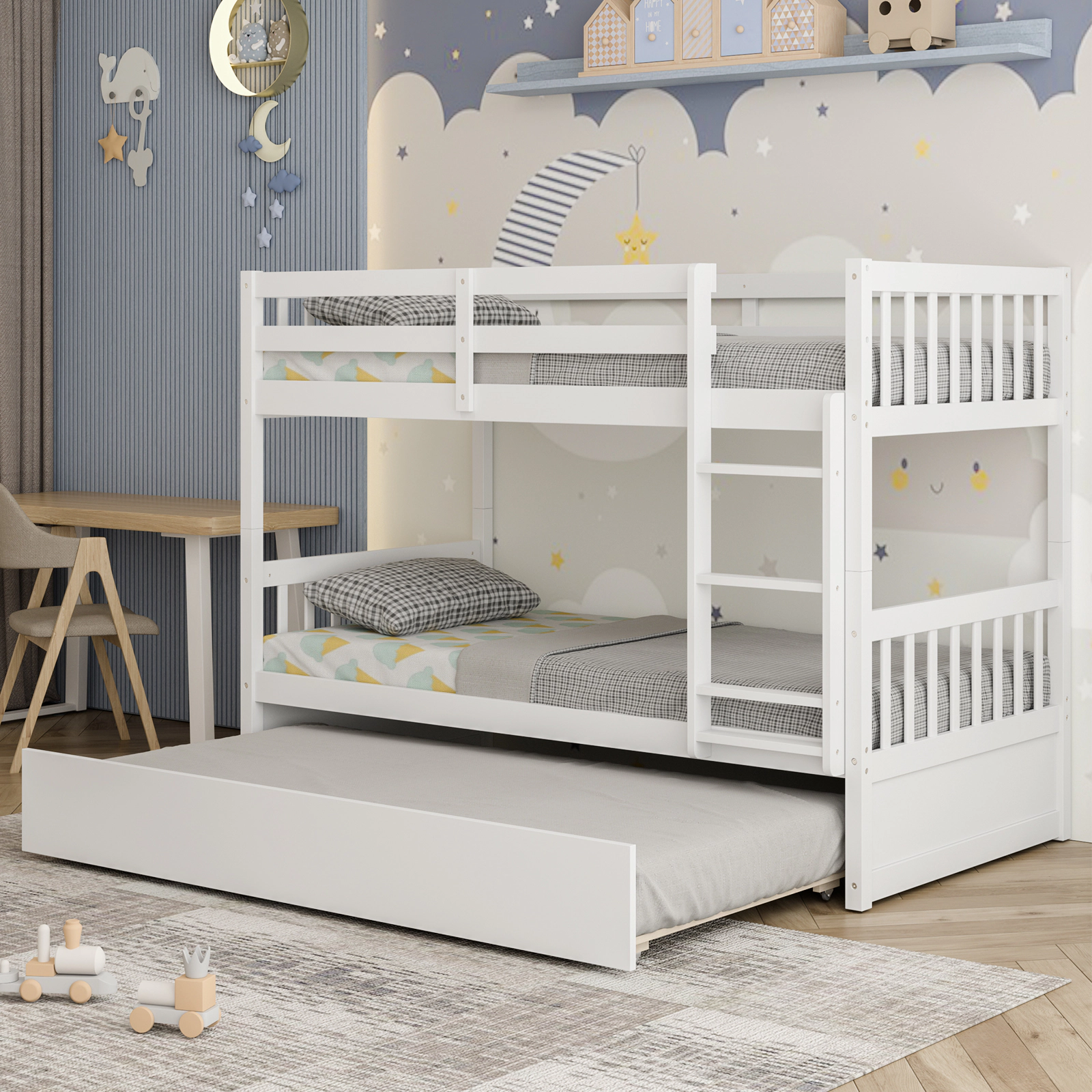 SUGIFT Twin-over-Twin Bunk Bed with Pull-Out Trundle, Ladder and Guardrails, White