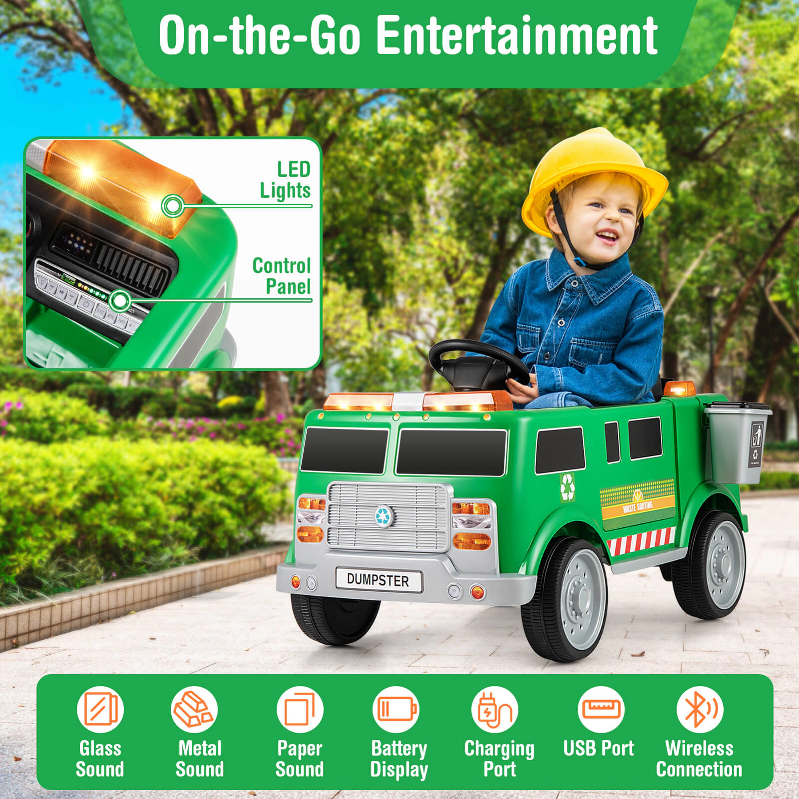 Costway Ride on Garbage Truck with Remote Control Trash Bin Shovel Lights Sound Effects