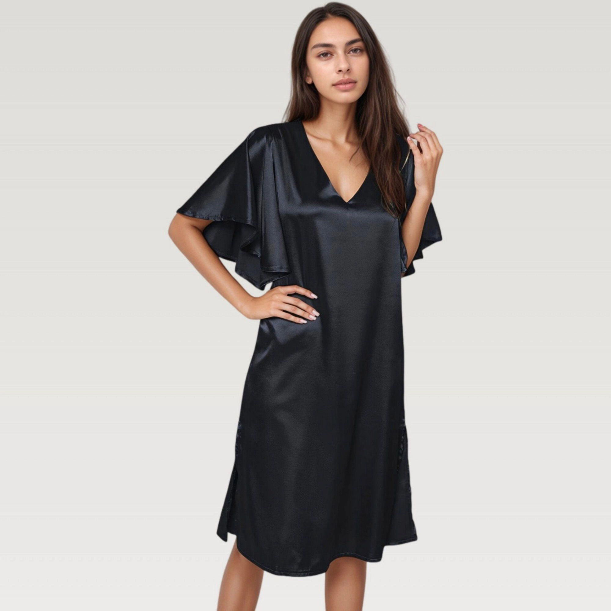 Anna-Kaci Women's Satin V-Neckline Flutter Sleeves Midi Dress