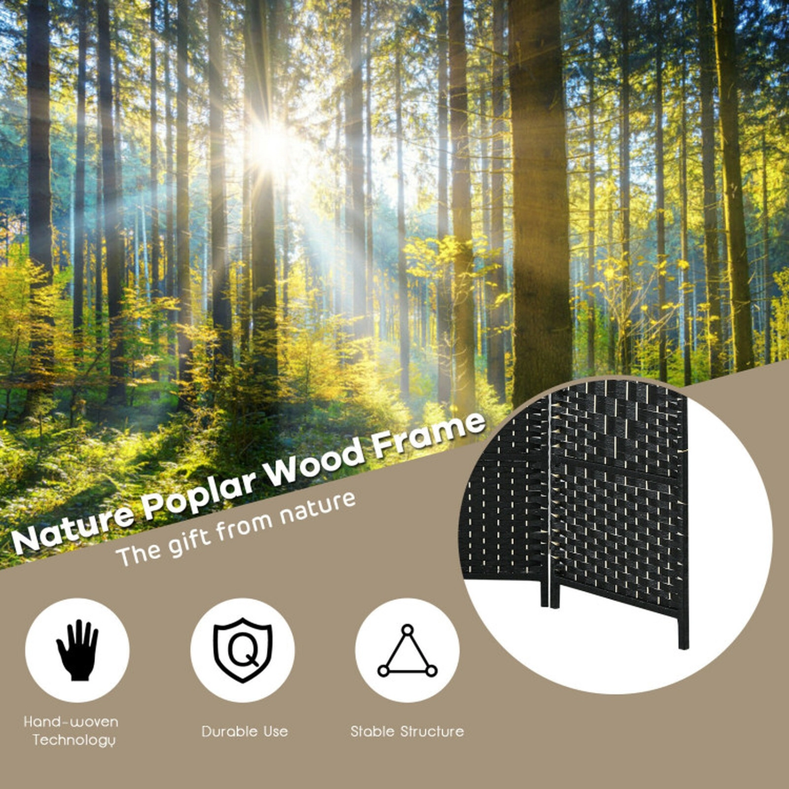 SUGIFT Handwoven Paper Fiber 6-Panel Folding Room Divider Screen 6.5-ft Tall Poplar Frame Black Brown