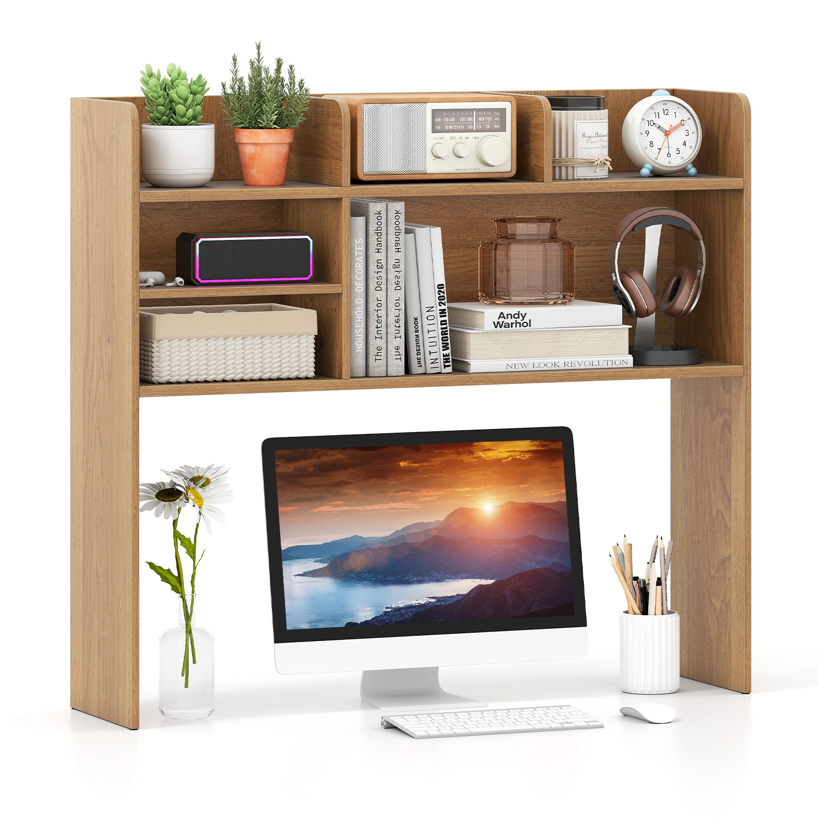 SUGIFT Desktop Bookshelf Countertop Storage Hutch with 6 Shelves and Adjustable Tier