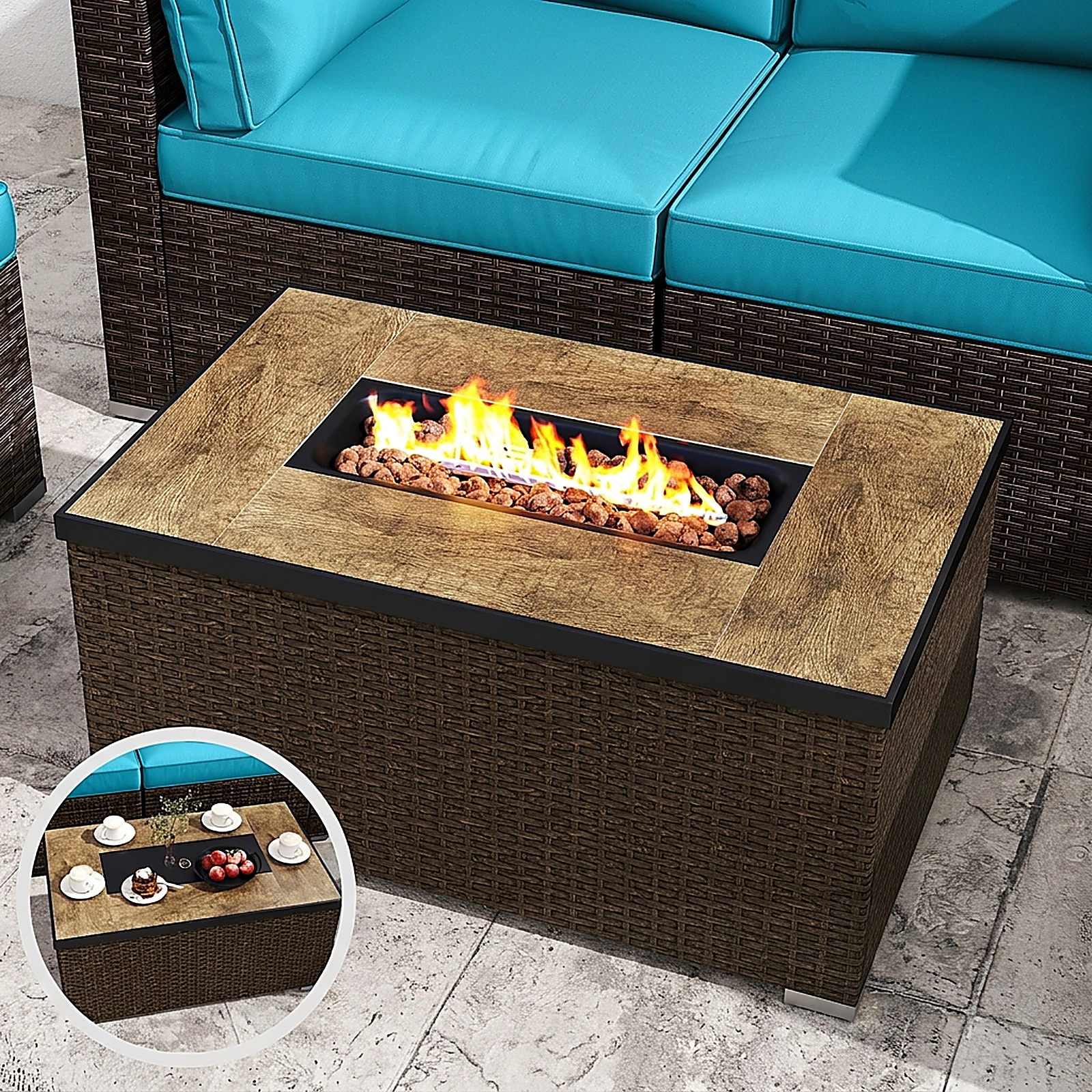 SUGIFT 9-Piece Gray Patio Wicker Sectional Set with 50000-BTU Fire Pit Table 35-in W 330-lb Tabletop Capacity