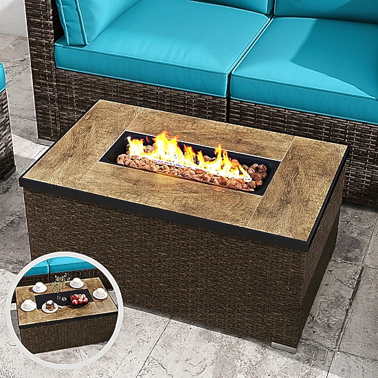 SUGIFT 9-Piece Gray Patio Wicker Sectional Set with 50000-BTU Fire Pit Table 35-in W 330-lb Tabletop Capacity