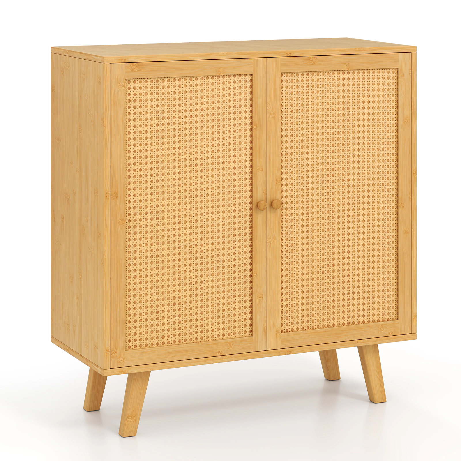 SUGIFT 31.5-in Natural Bamboo Buffet Cabinet with PE Rattan Doors and Shelf Freestanding Kitchen Cupboard