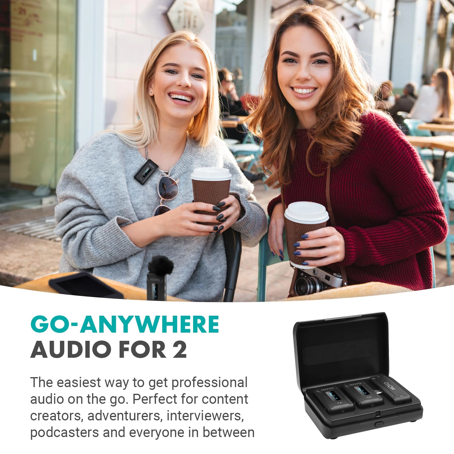 Movo WMX-2-C-DUO Dual Wireless Lavalier Microphone System with Charging Case for iPhone 15 and up