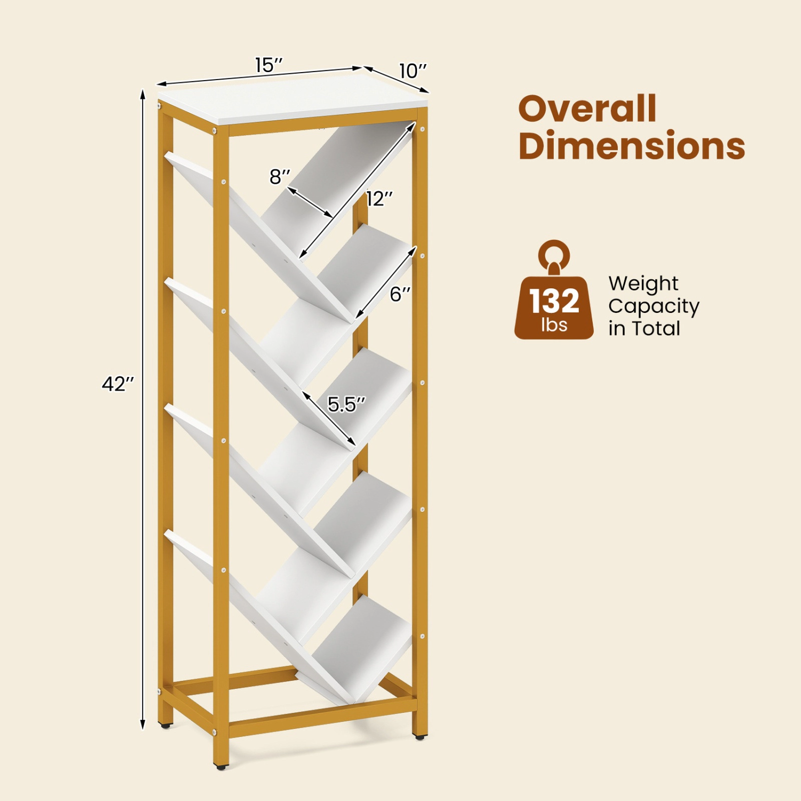 SUGIFT 9-Tier Freestanding Tree Bookcase for Hardcover Books 42-in Tall 132-lb Total Capacity 22-lb Shelf Capacity White