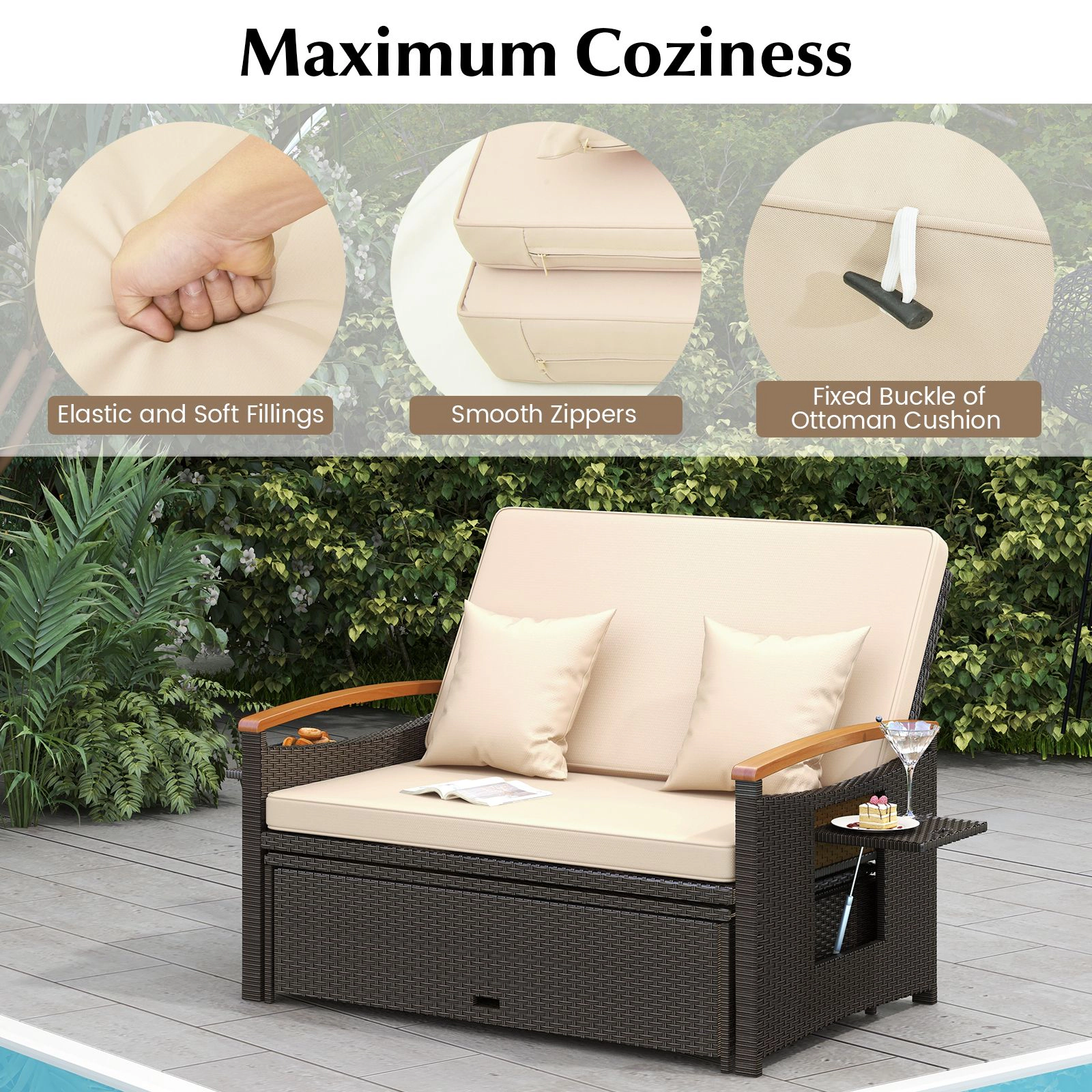SlickBlue Modern Outdoor Rattan Loveseat Daybed with Storage Ottoman