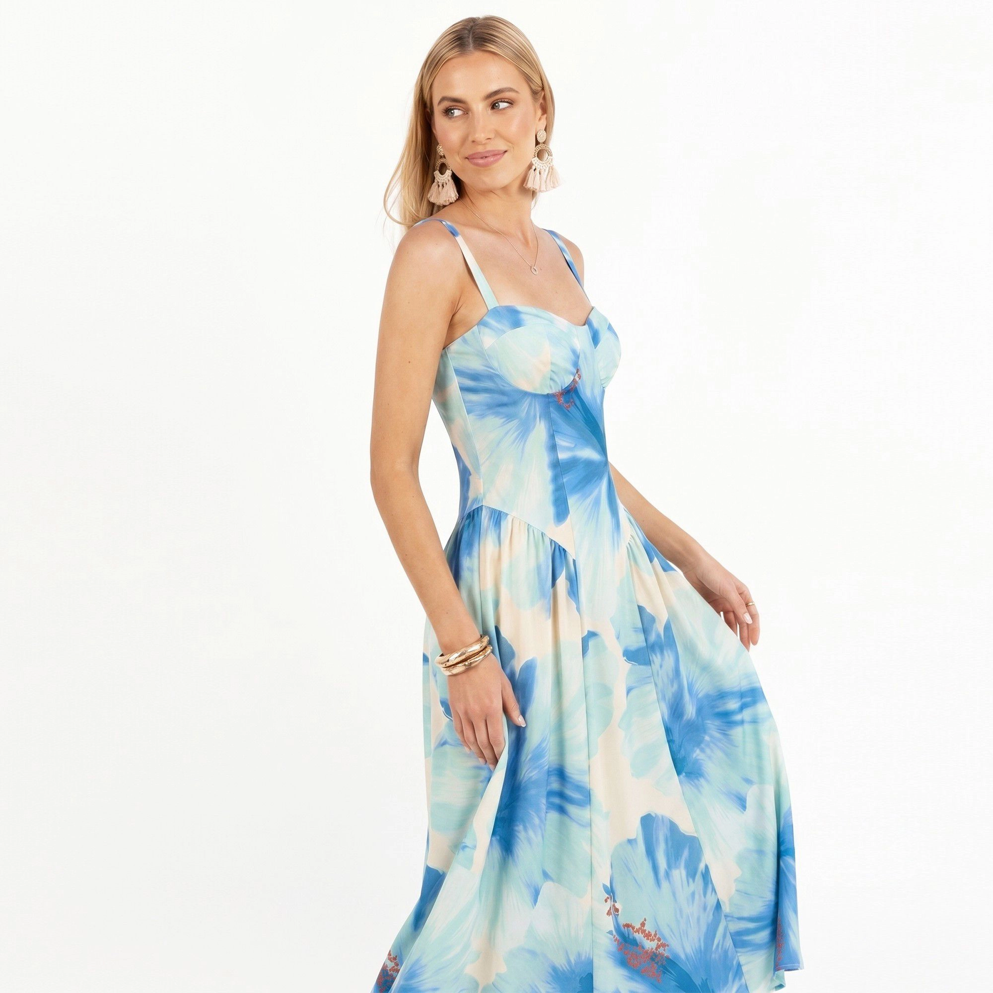 Anna-Kaci Women's Floral Sweetheart Bodice Smocked Back Maxi Dress