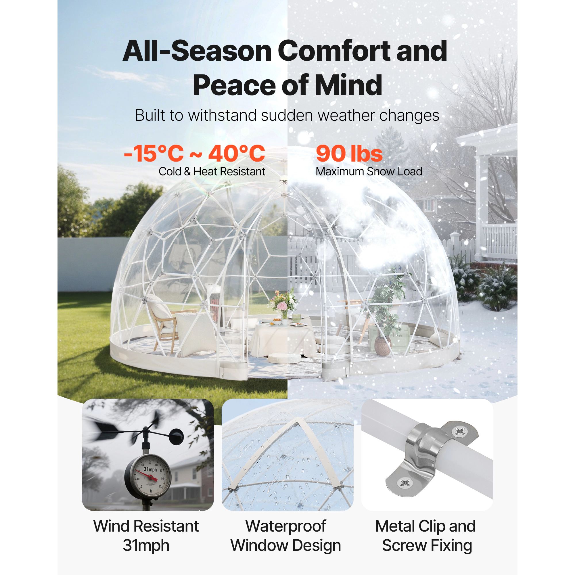 HONGGE Garden Dome Igloo Outdoor Clear Bubble Tent for Weatherproof Geodesic Dome Greenhouse with Window PVC Igloo Tent