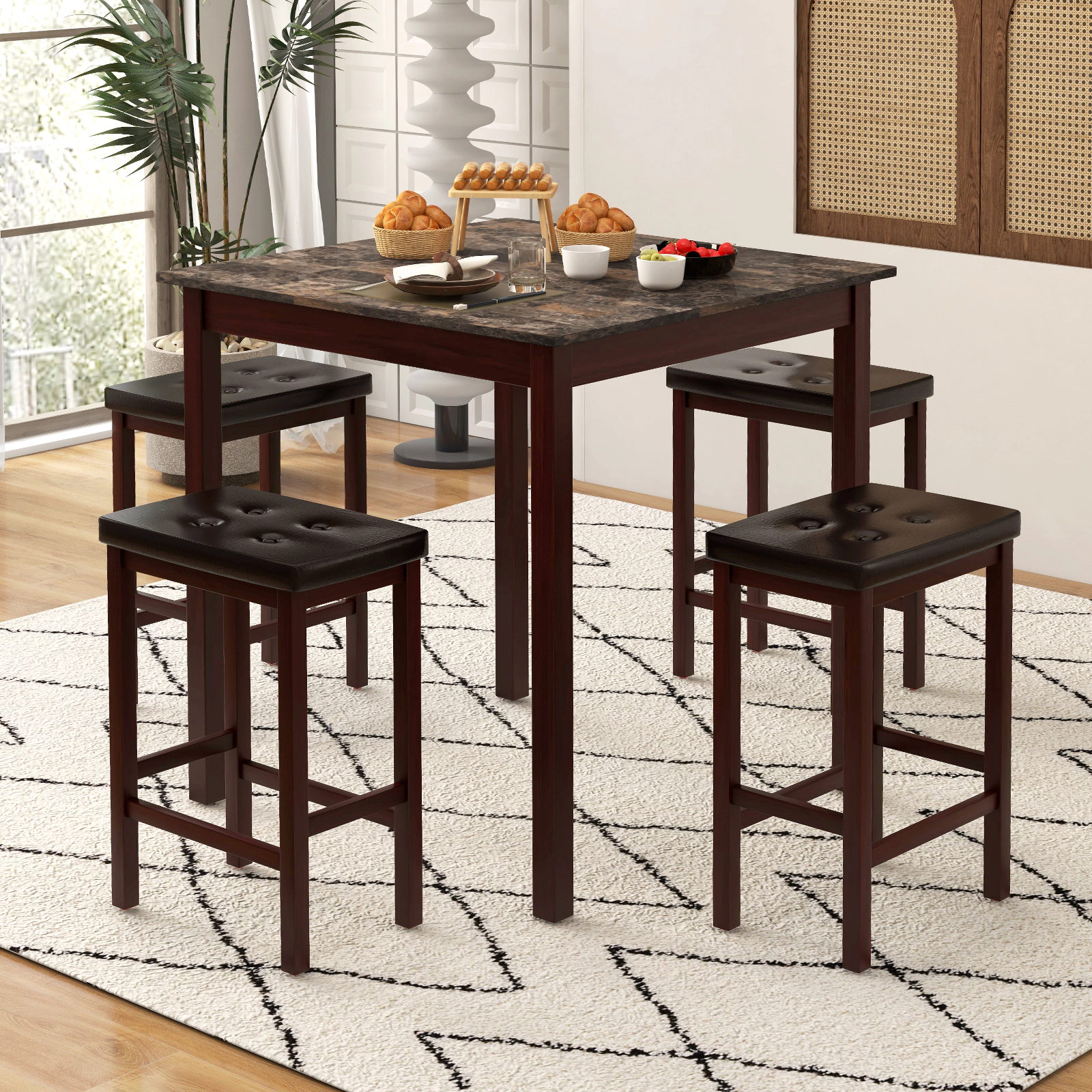 SUGIFT 5-Piece Counter-Height Dining Set for 4, 35-In Square Table with 4 Padded Stools