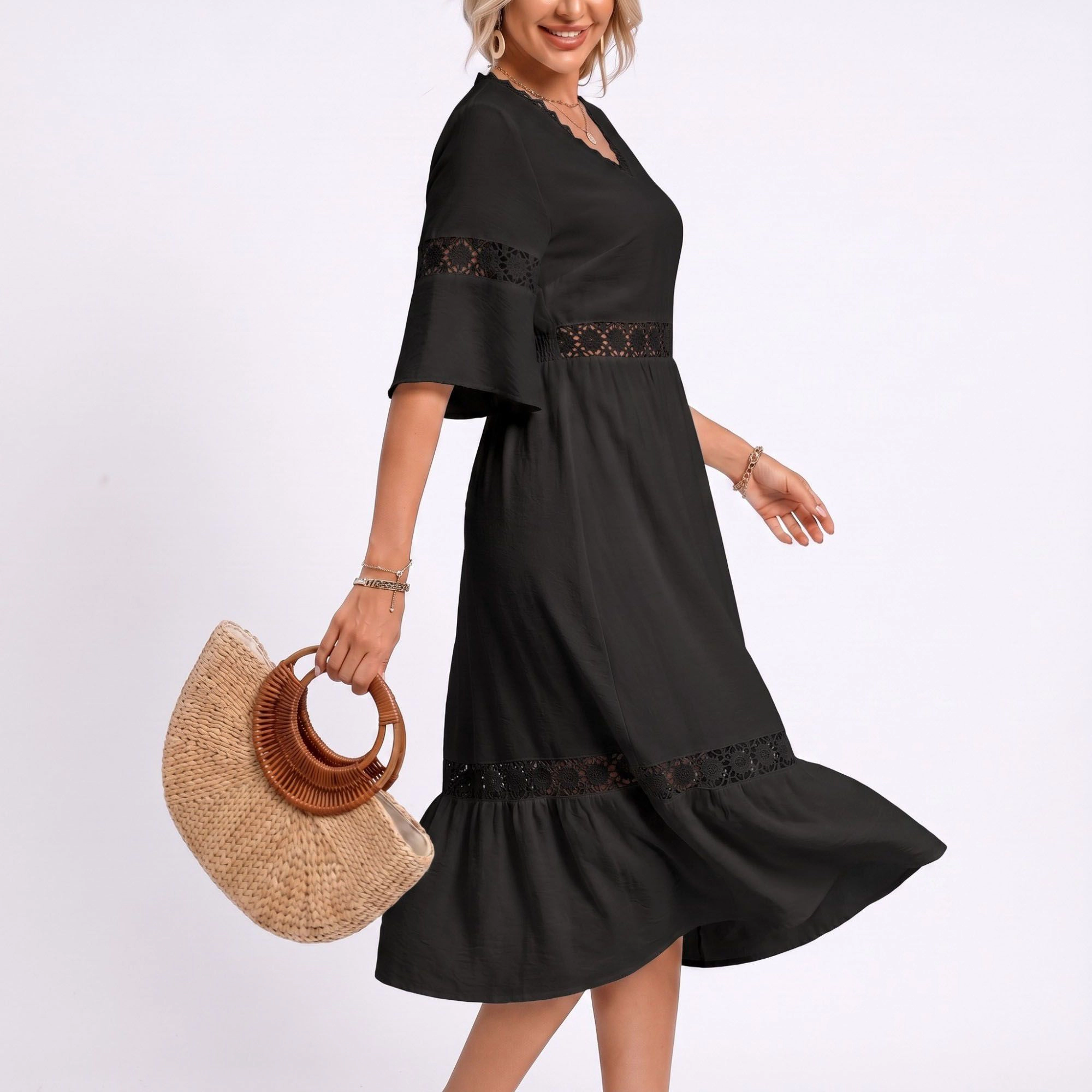 Anna-Kaci Women's V-Neck Lace Trim Bell Sleeve Midi Dress