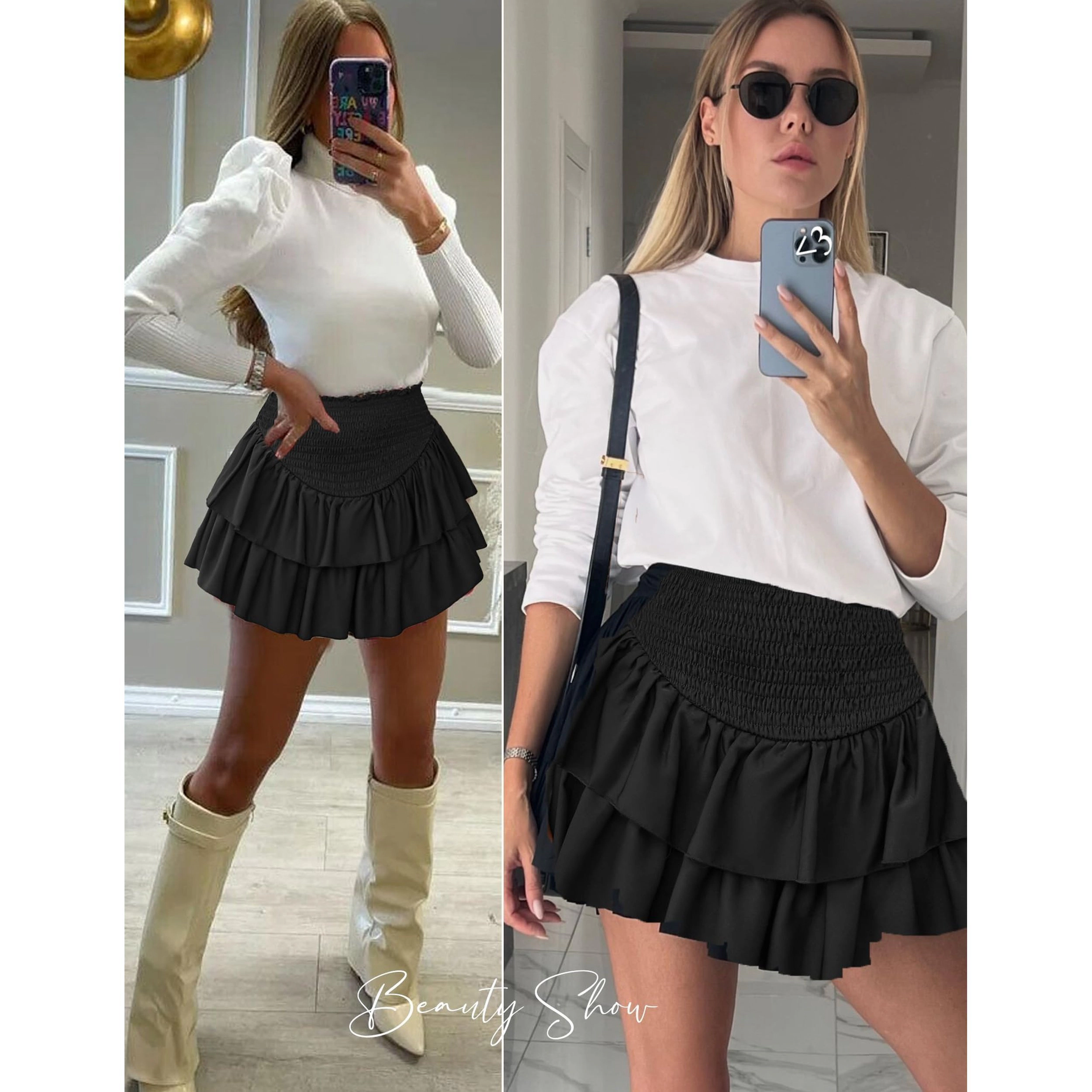 Avidlove Women's High Waist A Line Flared Ruffle Layered Mini Skirt