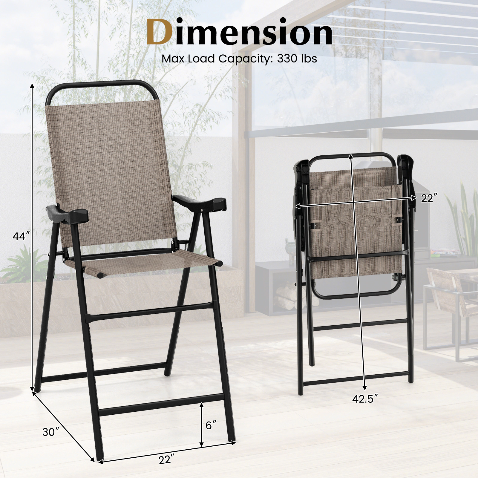 SUGIFT Coffee Metal Frame Armrests and Footrest Set of 4 Patio Folding Bar Stool