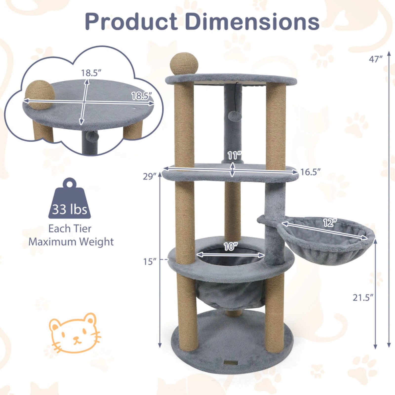 SUGIFT Gray 47 in Tall Cat Tower with Cat Nest Basket and Jute Scratching Posts