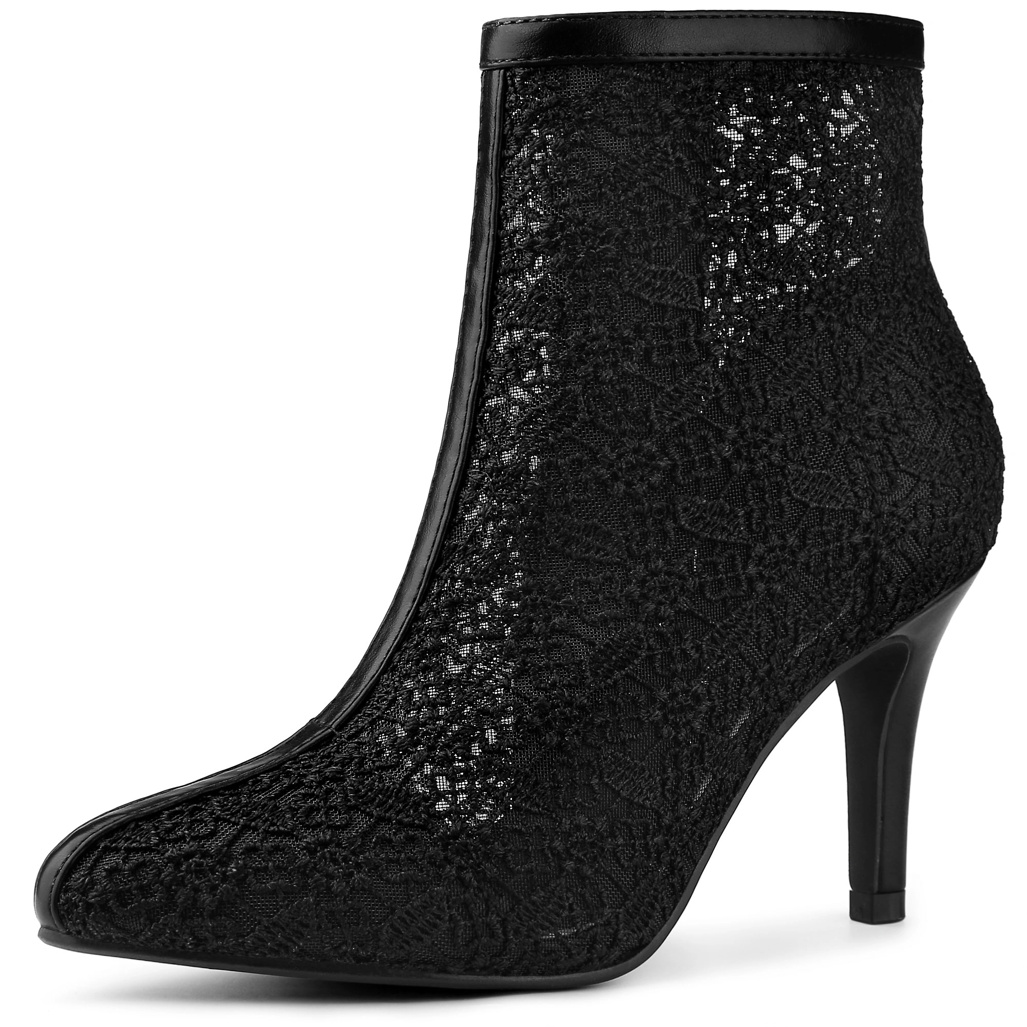 BLISSFUL STEP Women Floral Embroidered Lace Stiletto Heels Ankle Boots