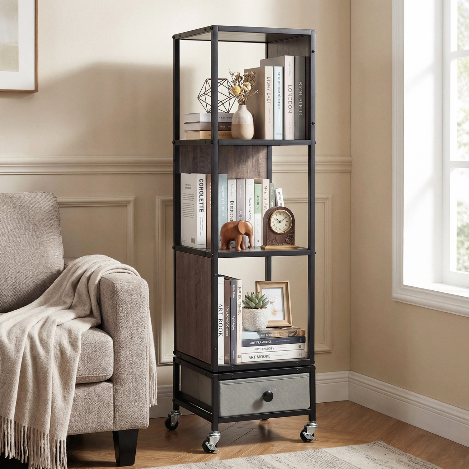 LJG 4-Tier Rotating Bookshelf on Wheels with Removable Drawer