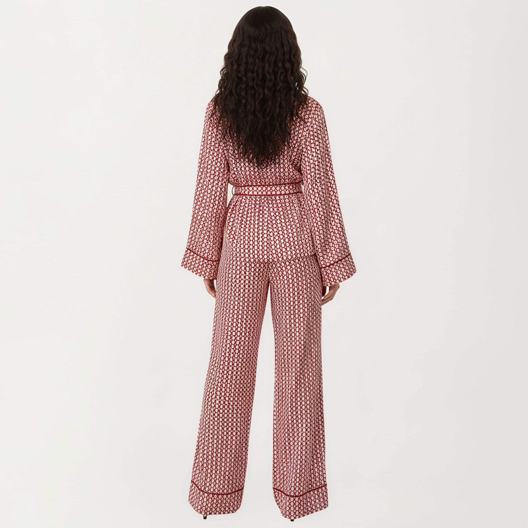 Anna-Kaci Women's Printed Satin Pajama Set Long Sleeve Wrap Top Self-Tie Waist and Full-Length Relaxed Fit Lounge Pants