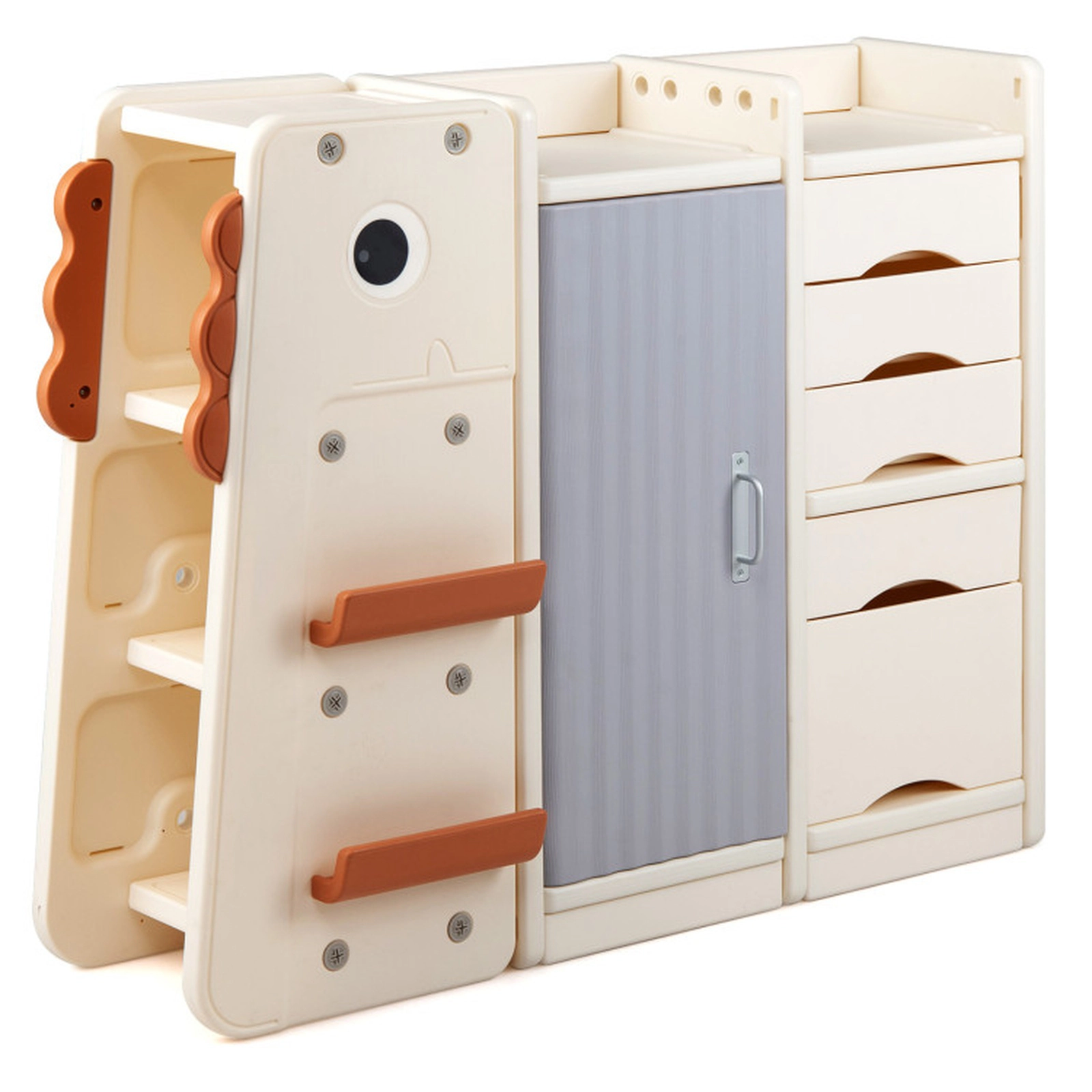 SUGIFT Beige 110-lb Capacity Dinosaur Kids Toy Storage Organizer with 5 Removable Bins and Enclosed Cabinet