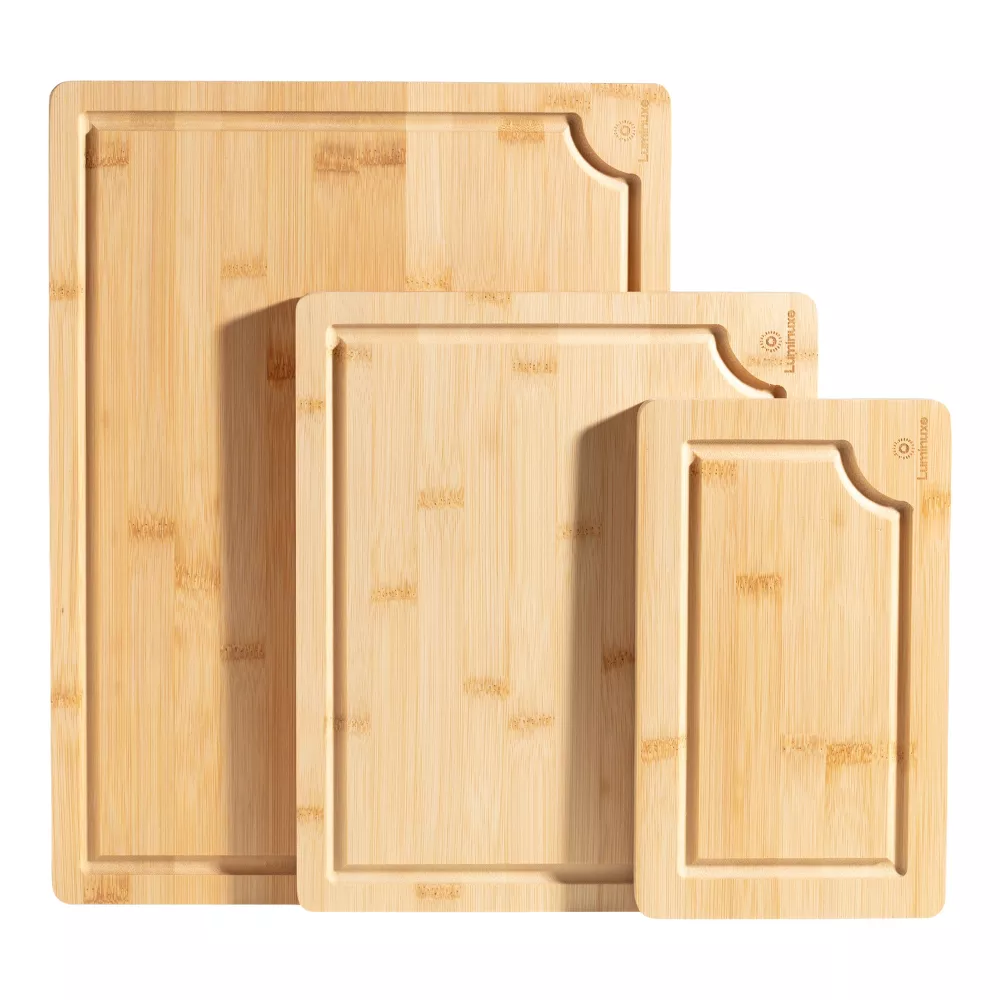 Luminuxe Bamboo Cutting Board Set of 3, Heavy‑Duty Nonslip Wood Boards with Juice Groove for Kitchen Prep