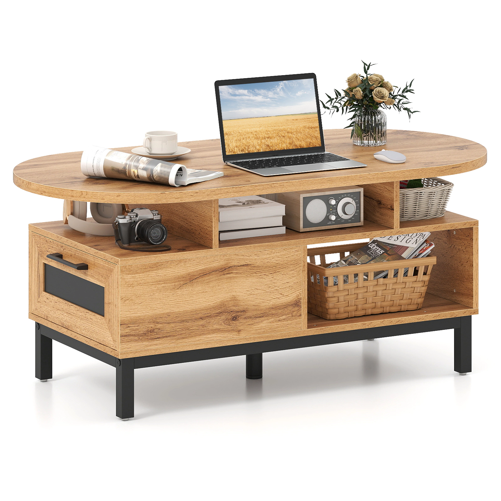 SUGIFT 47-in 110-lb Capacity Oval Wood Grain Coffee Table with Metal Slide Drawer and Open Compartments