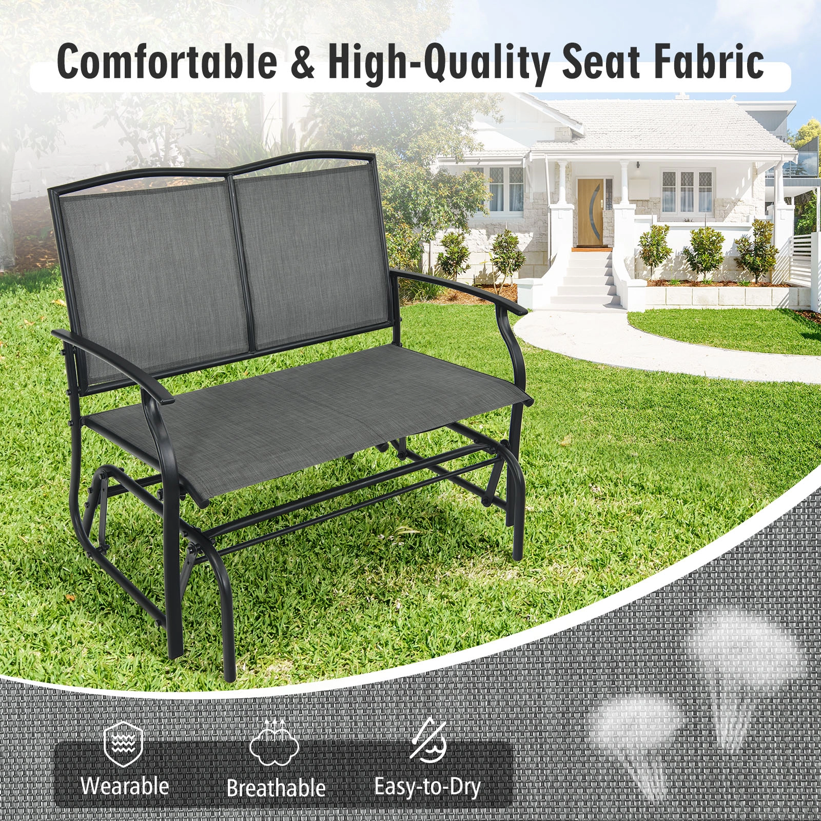 SUGIFT Gray 2-Person Steel Patio Rocking Loveseat with Textilene Mesh, 396-lb Capacity