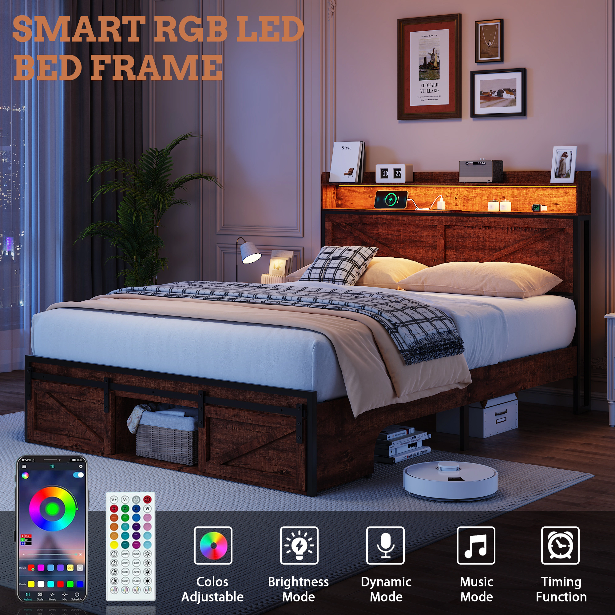 Flynama Queen Bed Frame with Storage & LED Headboard, Anti-Slip Metal Platform, Brown