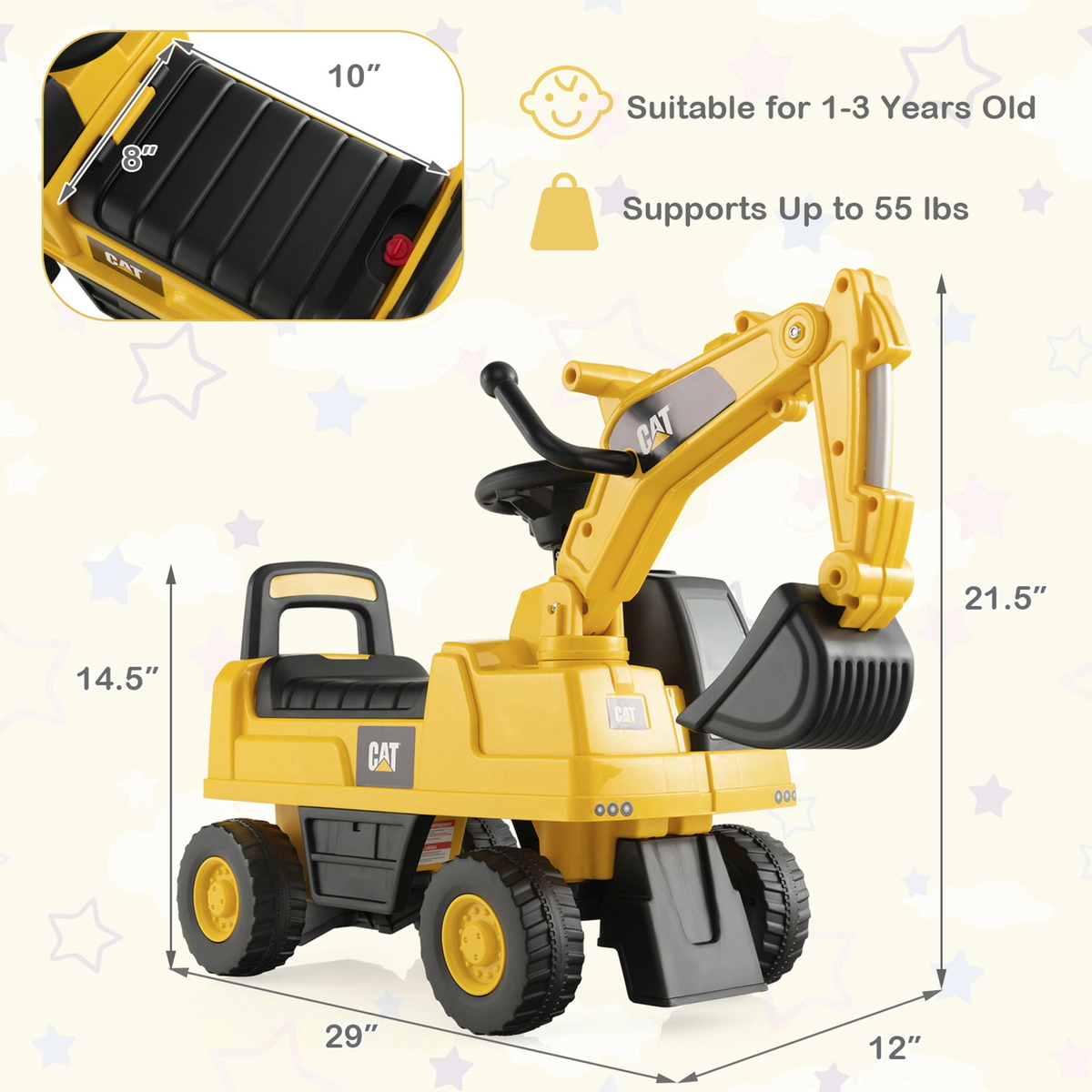 SUGIFT Yellow Under Seat Storage Kids Licensed Caterpillar Ride On Digger Foot to Floor