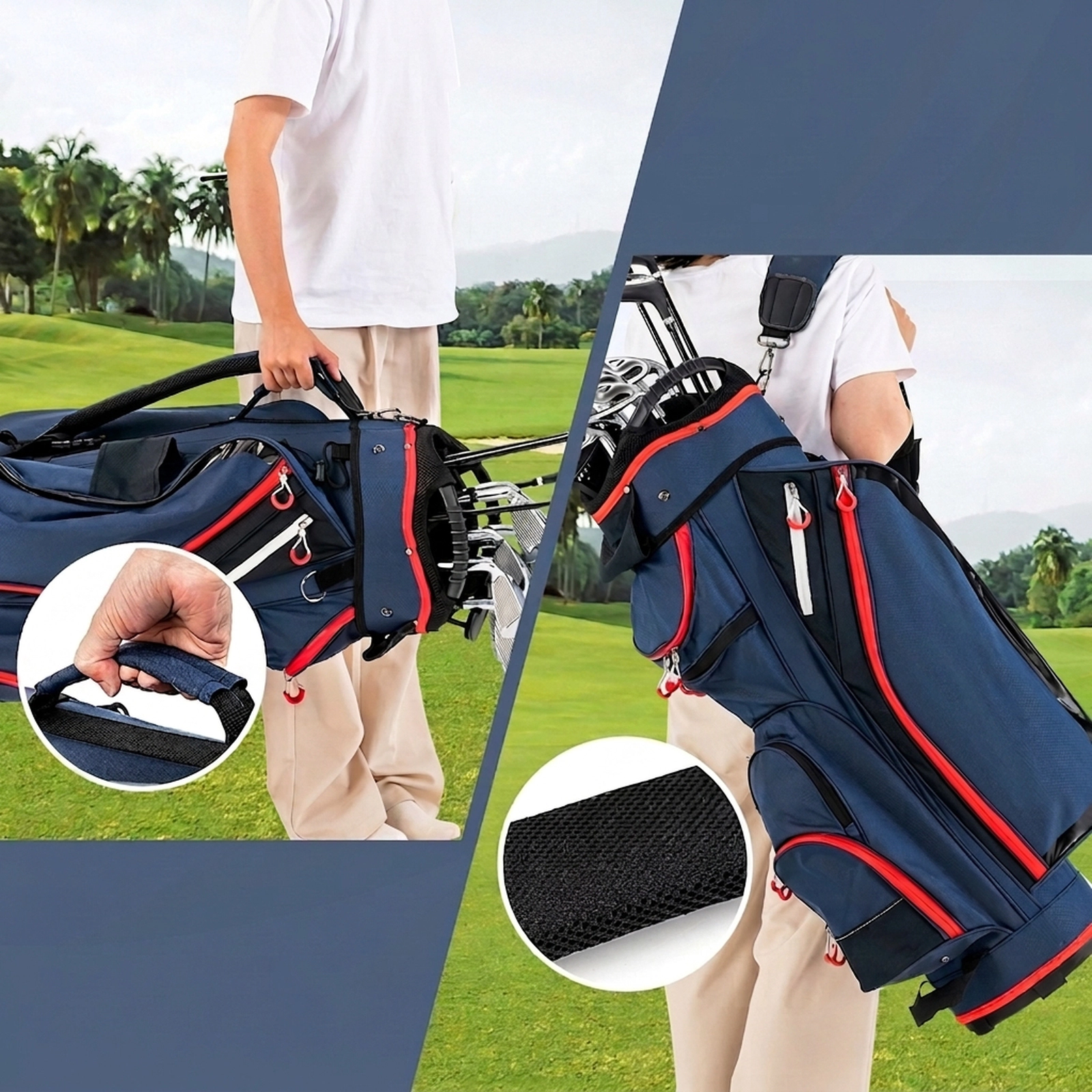 9.5-in Top Golf Cart Bag 14-Way Divider Insulated Cooler Pocket 8 Zippered Pockets Wide Strap Navy Nylon