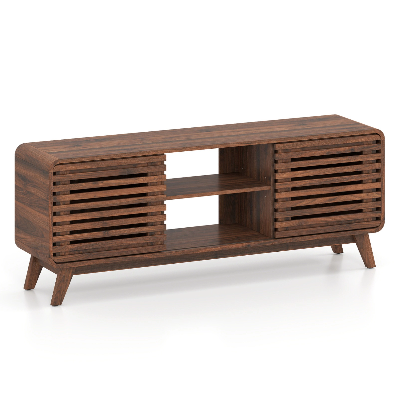SUGIFT Mid Century Modern Entertainment Center TV Stand Grille-Style Sliding Doors 100-lb Tabletop 3 Adjustable Shelves