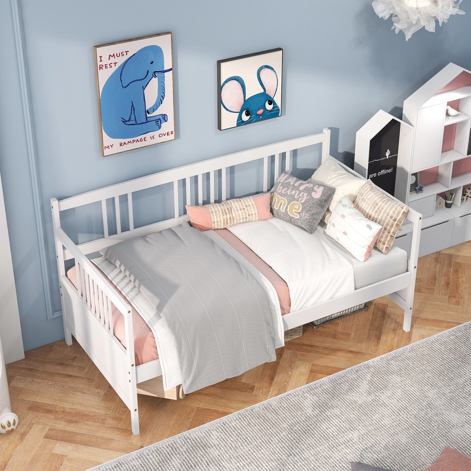 SUGIFT Twin Wooden Daybed Frame, White, 3 Rails, 10 Slats, No Box Spring Required