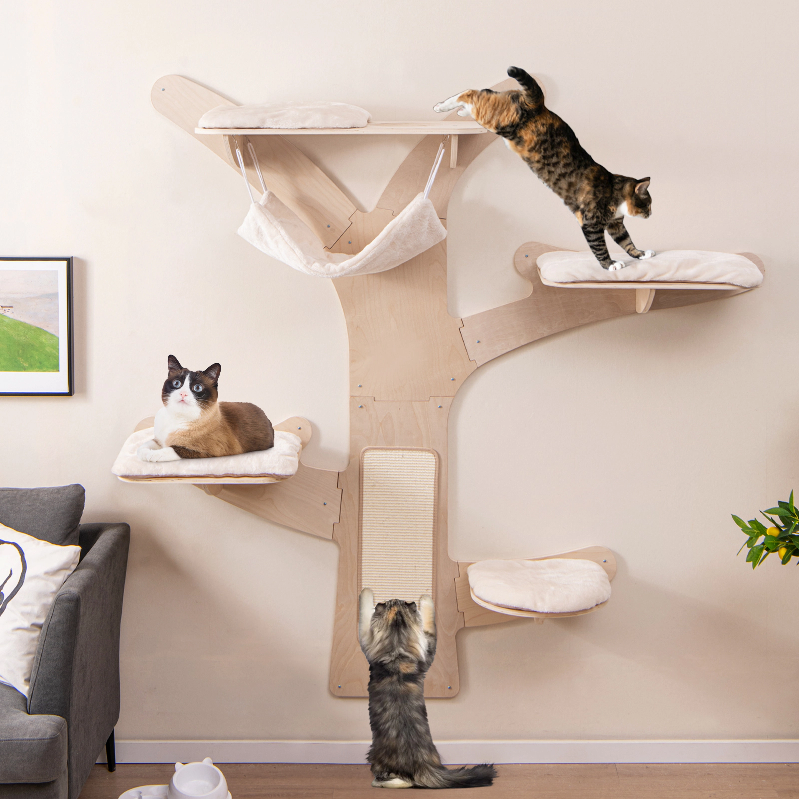 SUGIFT 71-in Wall-Mounted Cat Shelves Climbing Tower with Hammock 4 Padded Platforms and Sisal Mat