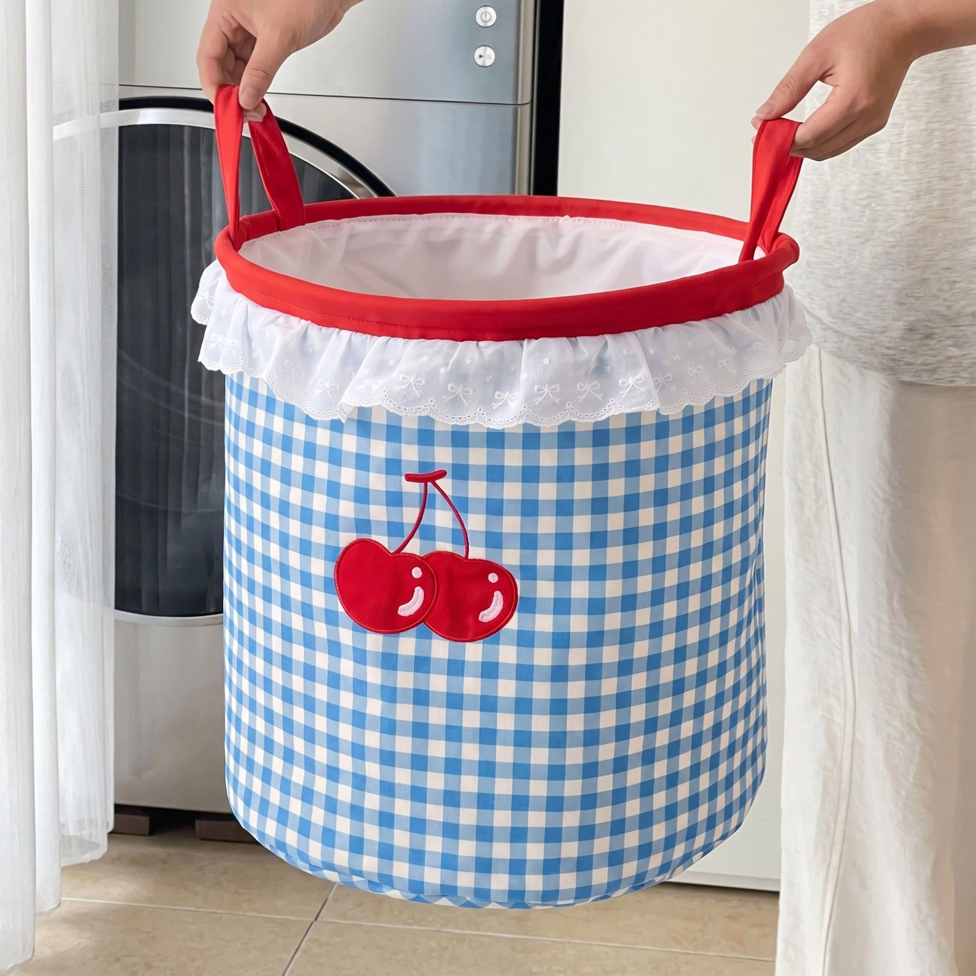 Alilang Unisex Cherry Embroidered Gingham Laundry Hamper with Lace Ruffle & Handles